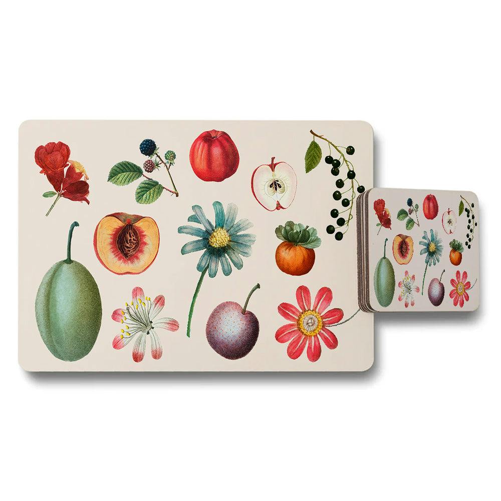 Rackhams Beige Fruit And Floral Placemat And Coaster Set Botanical Illustration