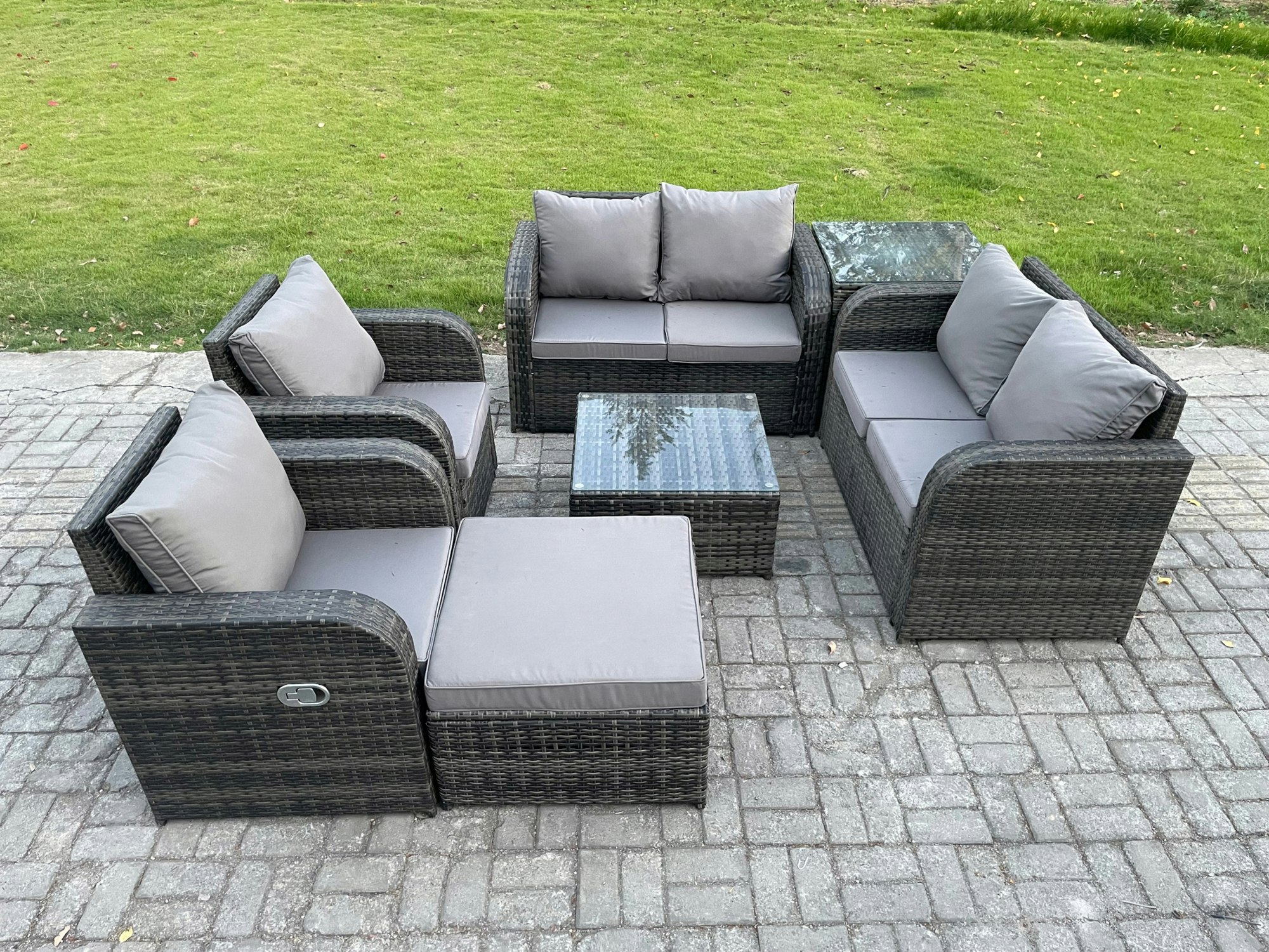 Fimous Dark/Grey 7-Seater Rattan Garden Sofa Set - Mixed Outdoor Furniture With Square Coffee Table & Reclining Chairs