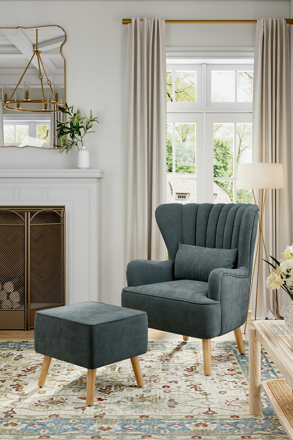 Rackhams Grey Brushed Fabric Stripe Curved Backrest Armchair With Footstool & Cushion