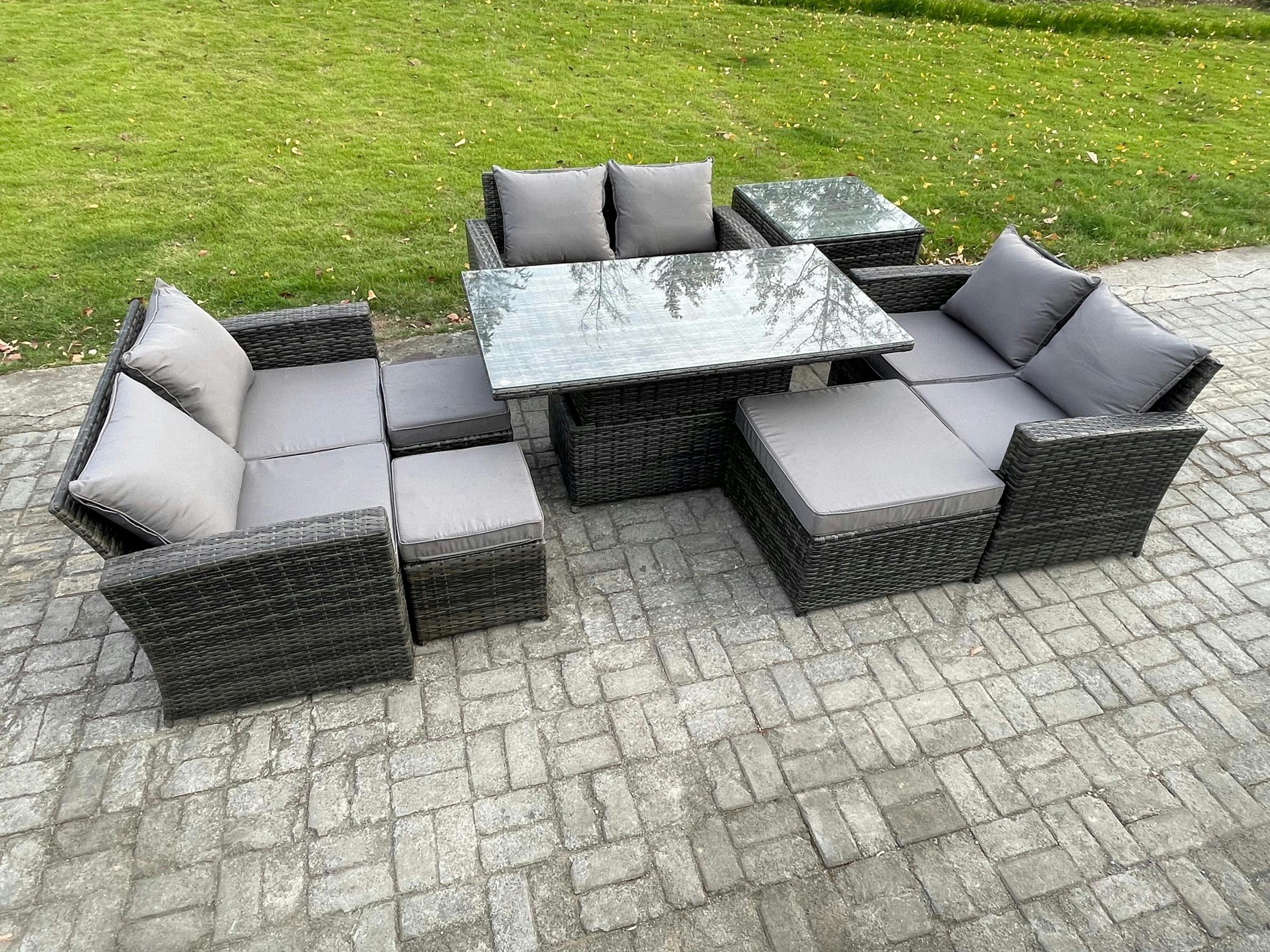 Fimous Dark/Grey Wicker Pe Rattan Garden Set, Adj Height Table Sofa Dining, Double Seat Sofa, 3 Footstools And Side Table, Mixed
