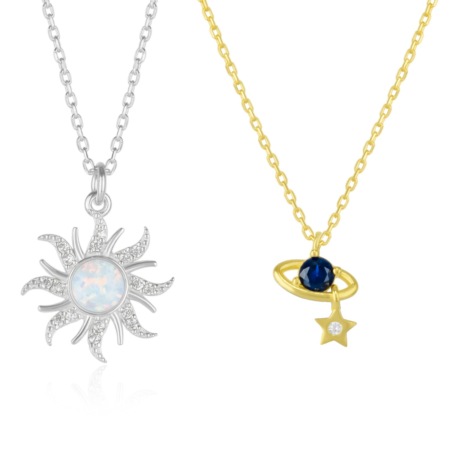 Spero London White/Silver Opal Sun & Sunburst And Saturn Necklace Layering Set In Sterling