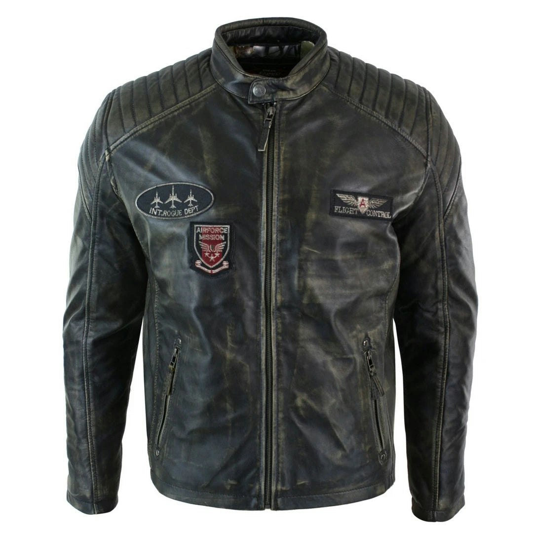 Aviatrix Men's Leather Washed Biker Airforce Jacket Distressed Fit - 3XL