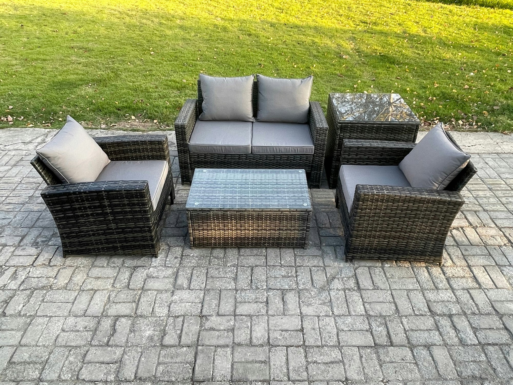 Rackhams Dark/Grey Outdoor Lounge Sofa Set Wicker Pe Rattan Garden Furniture Set With Rectangular Coffee Table Double Seat Sofa Side Table Mixed
