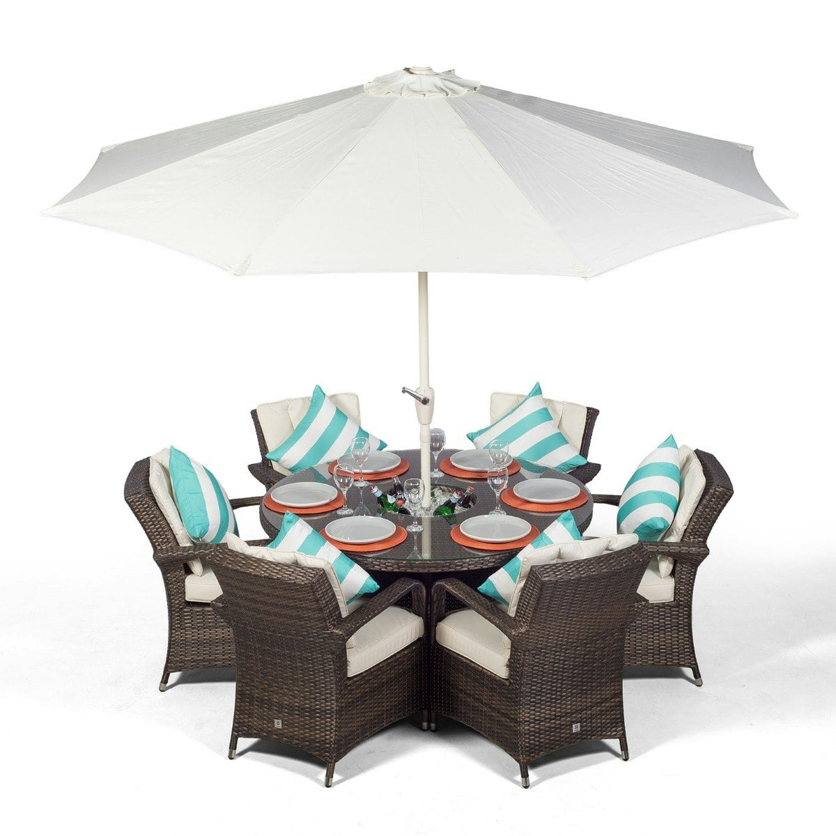 Rackhams Brown Arizona Round 6 Seater Patio Dining Set With Ice Bucket Drinks Cooler - 1