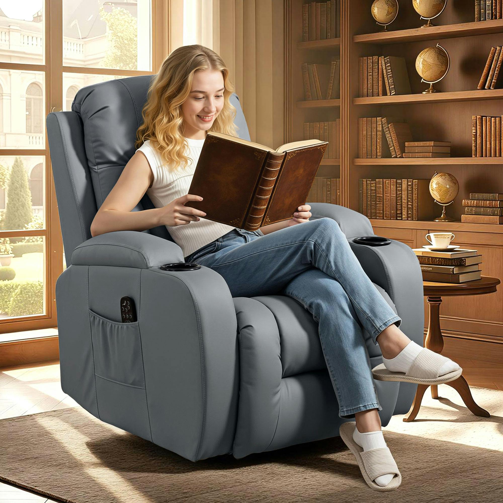 Rackhams Grey Massage Recliner Chair, Recliner Armchair With 8 Vibration & Heat - Steel Base - Pu Leather