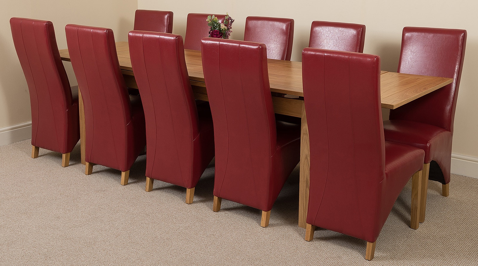 That's Furniture Burgundy Richmond Large Oak Extending Dining Table With Lola Leather Chairs - 10 Chairs