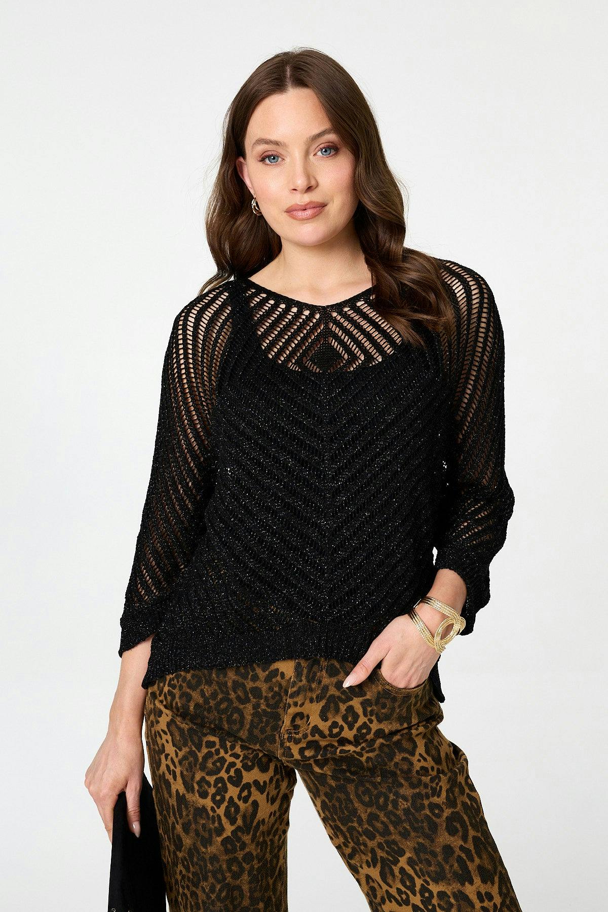 Izabel London Black Sparkly Sheer Mesh 3/4 Sleeve Top - L/Xl