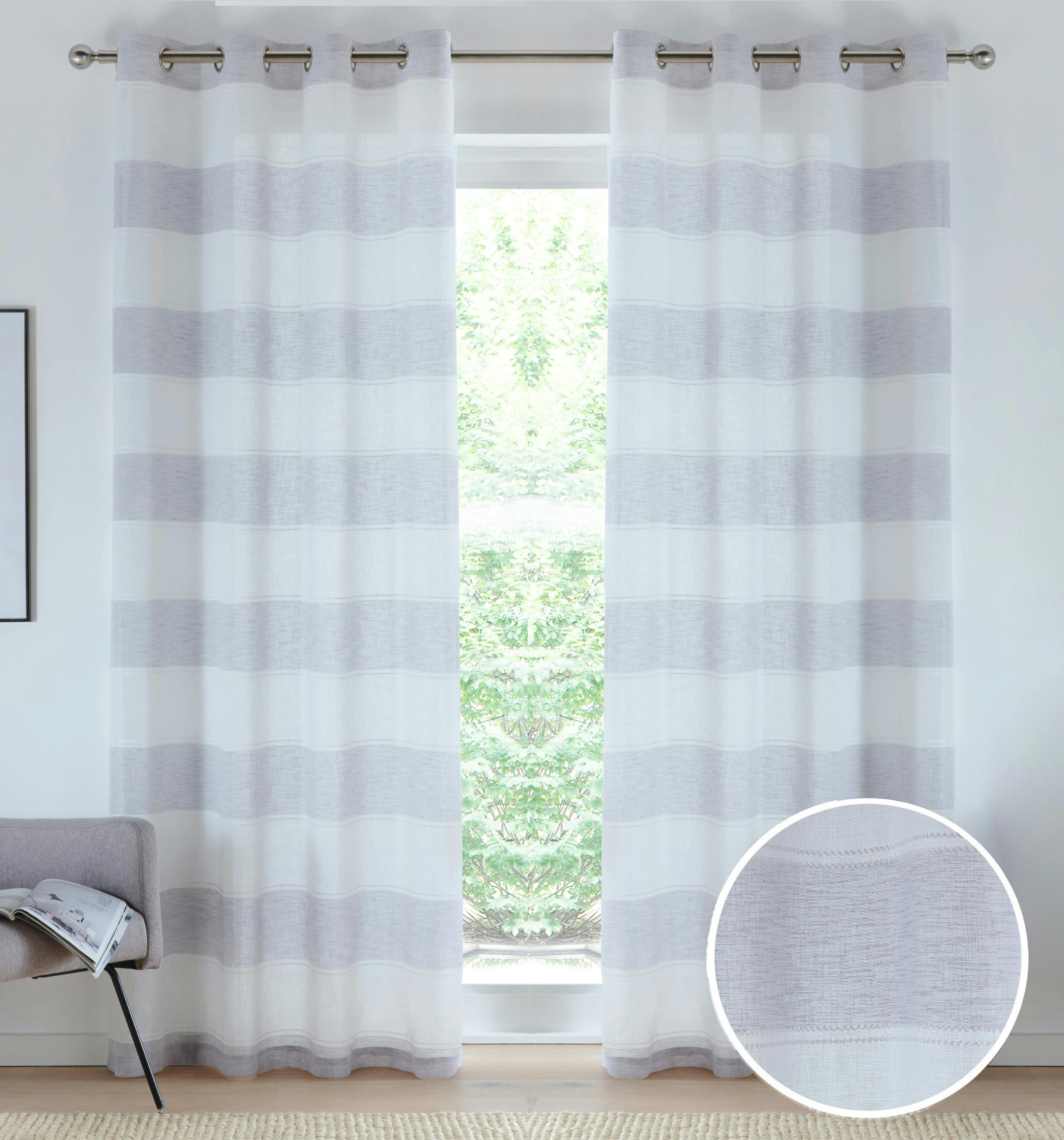 Tyrone Textiles Grey Eyelet Header Linen-Look Modern Striped Voile Panel - Pair - 57" (145Cm) Width X 72" (183Cm) Drop