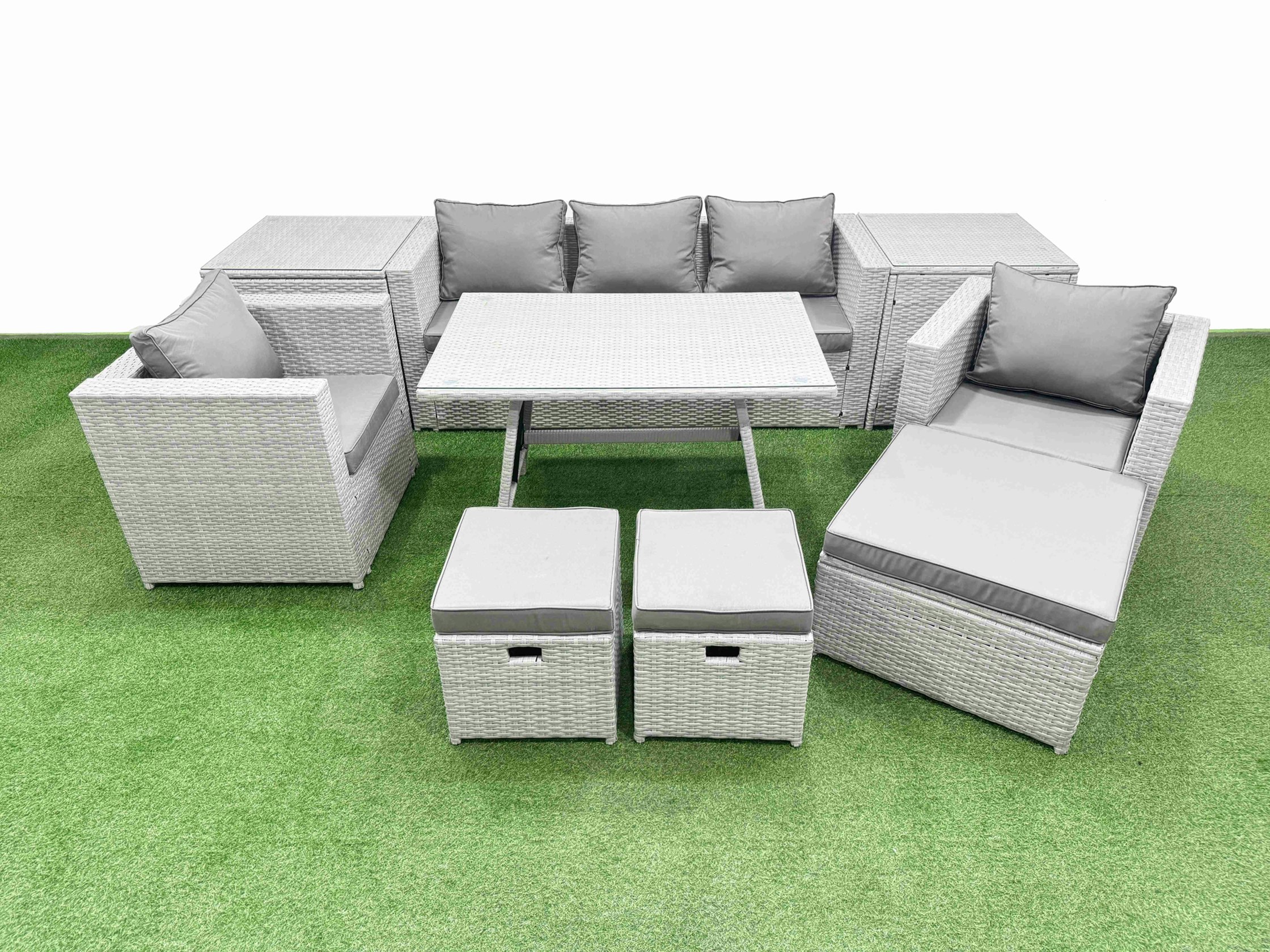 Fimous Light/Grey 10 Pieces Outdoor Pe Rattan Sofa Armchair Set Patio Garden Furniture Sets With Cushions 2 Side Tables 3 Stools