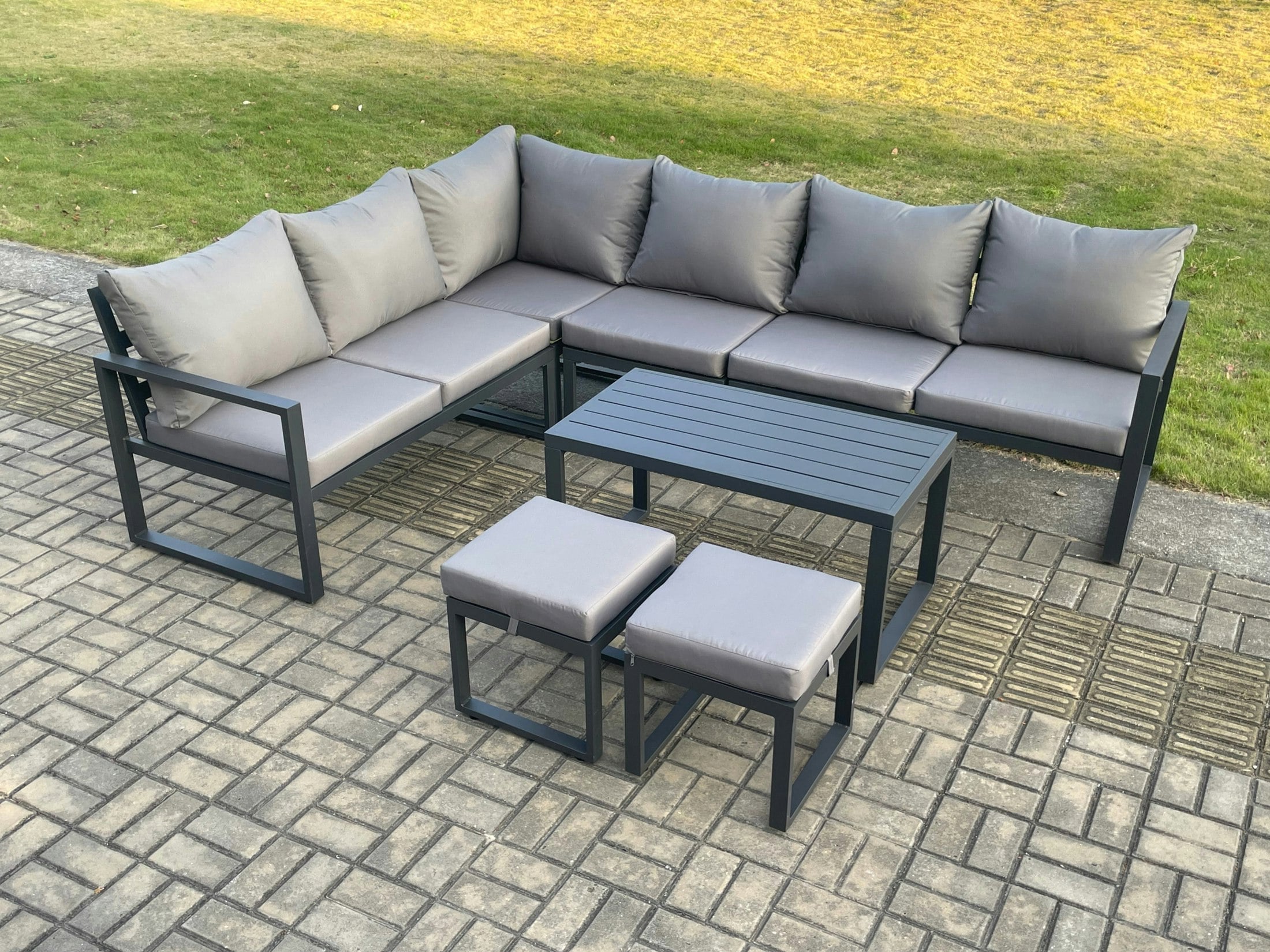 Fimous Dark/Grey Aluminium Garden Furniture Set Outdoor Indoor Lounge Corner Sofa Oblong Coffee Table Sets With 2 Small Footstools