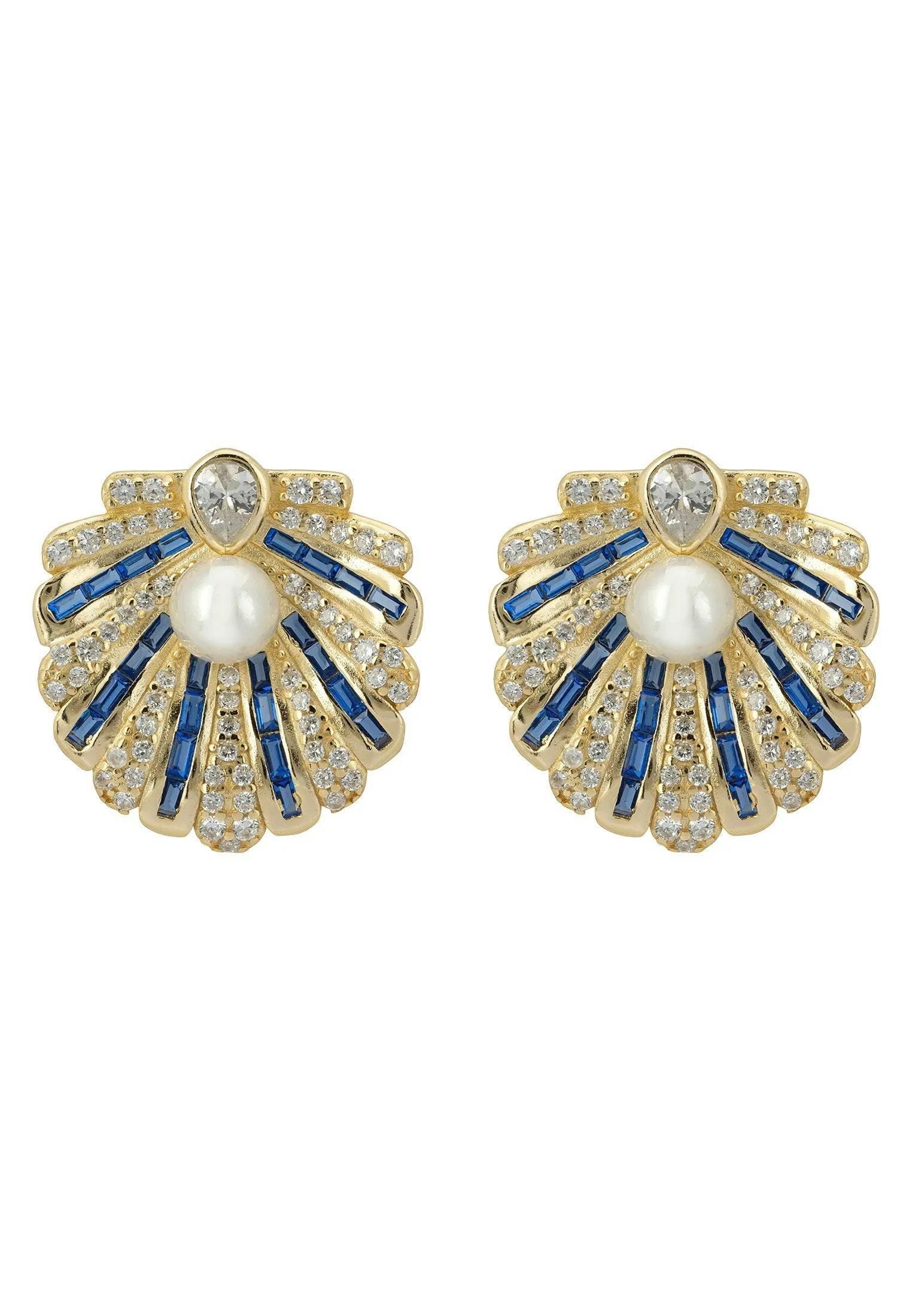 Latelita Blue/Gold Art Deco Scallop Shell Earrings Sapphire With Pearl