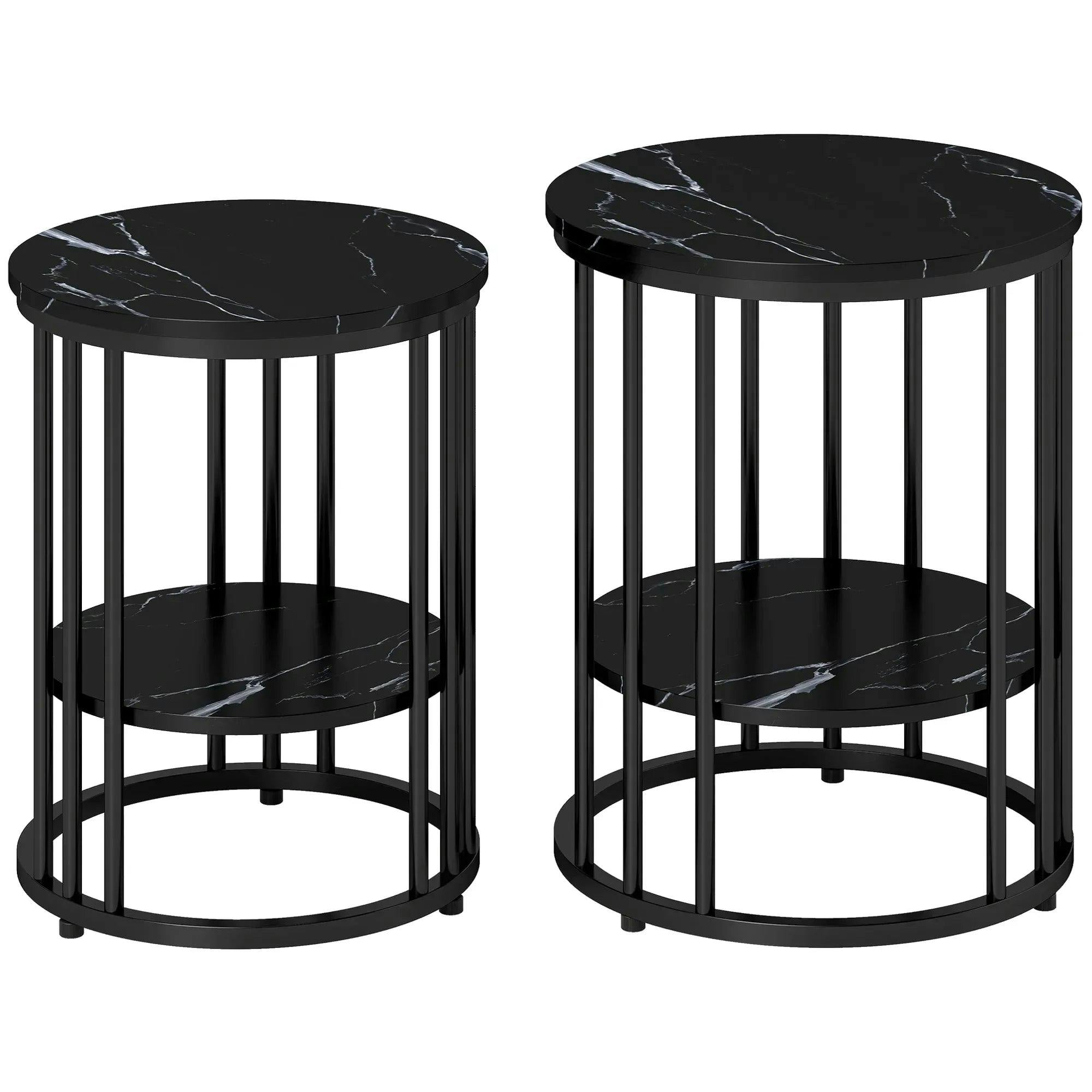 Homcom Unisex Black Marble-Effect Round Coffee Table Set Of 2 For Living Room, Size 2 Pack - Image 5