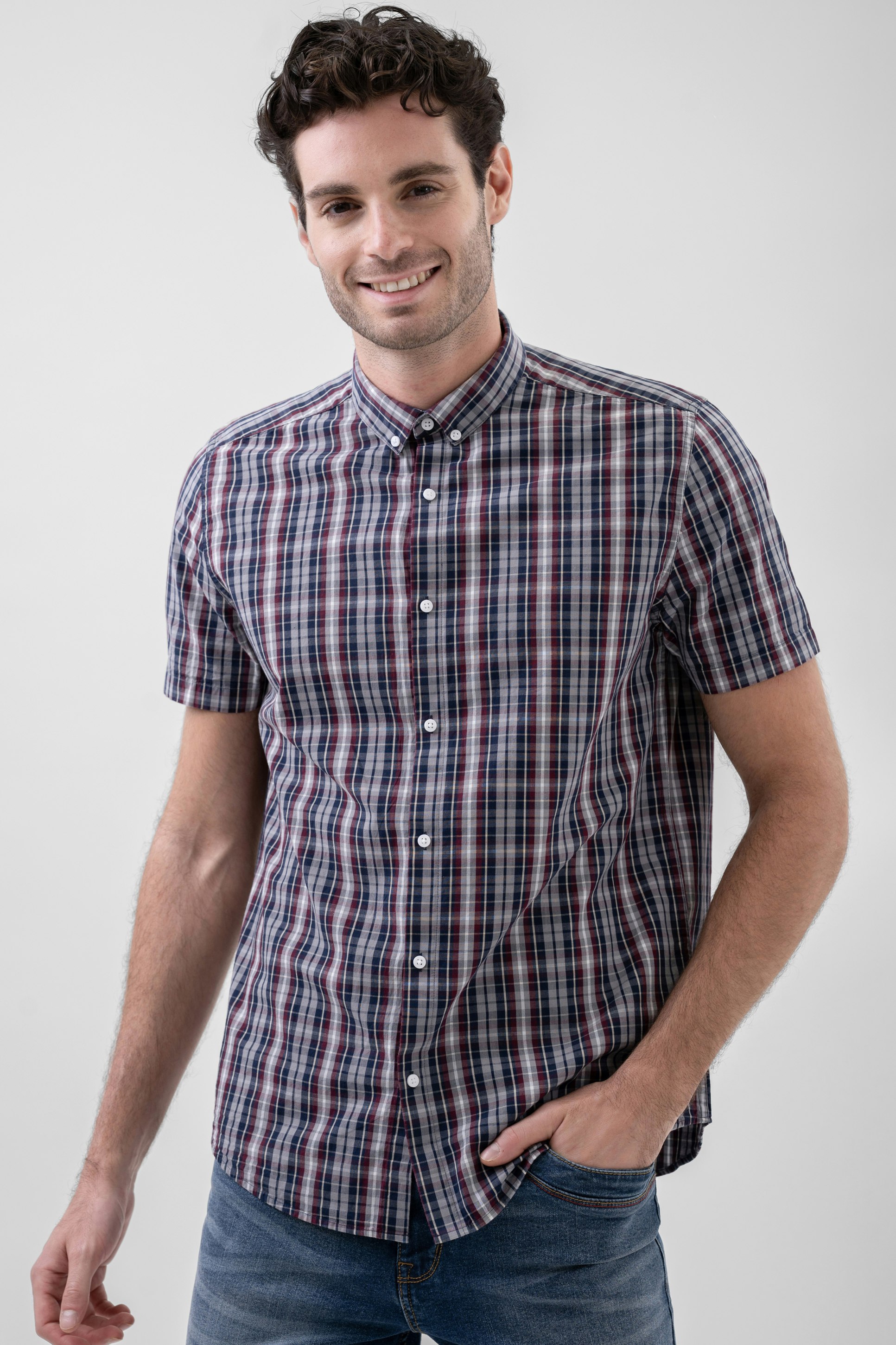 Enorsia Men's Button Down Short Sleeve Shirt - L - Navy - 100% Cotton