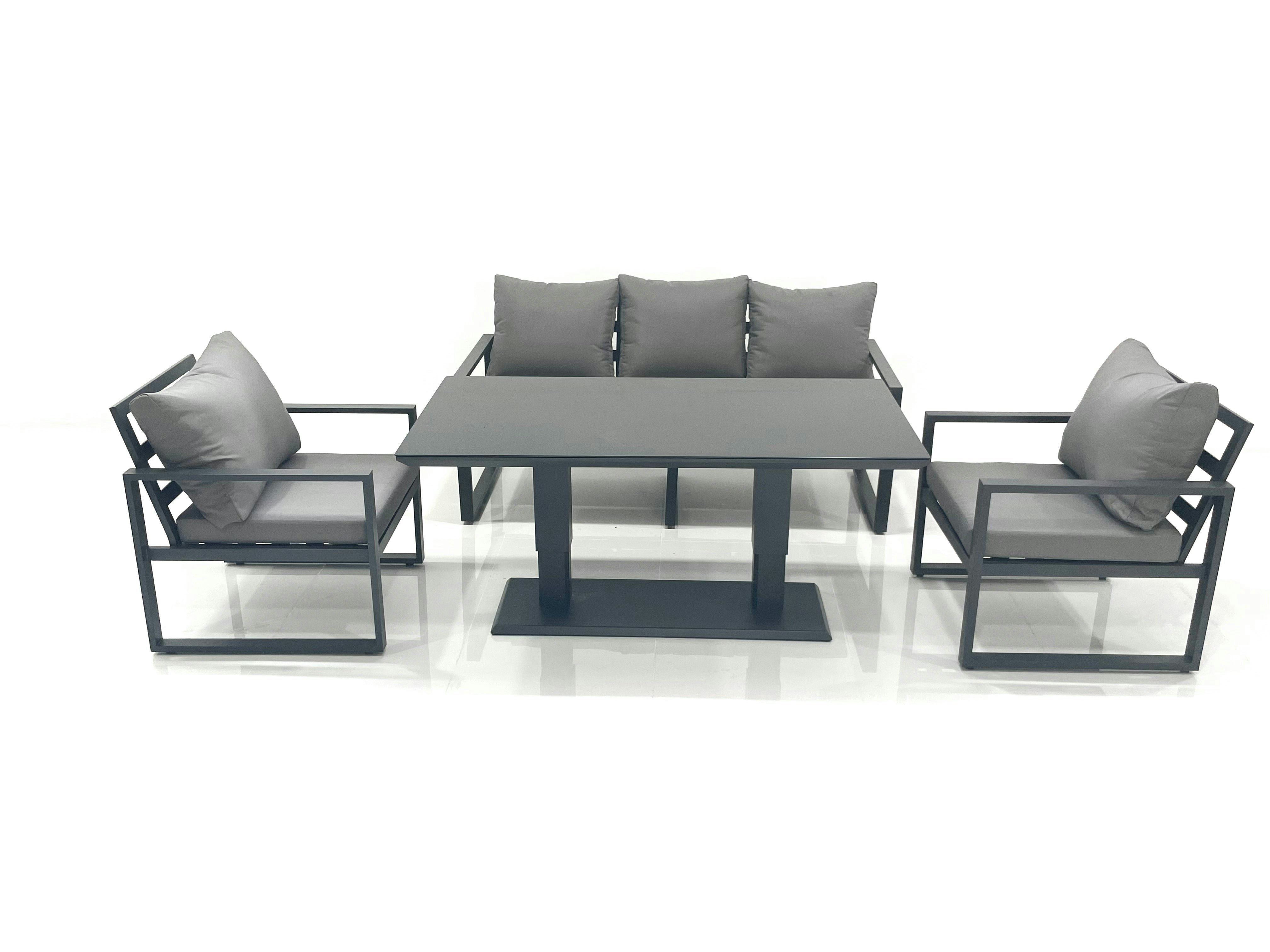 Rackhams Dark/Grey Outdoor Aluminium Garden Furniture Set With Adjustable Rising Lifting Dining Table 3 Seater Sofa 2 Chair