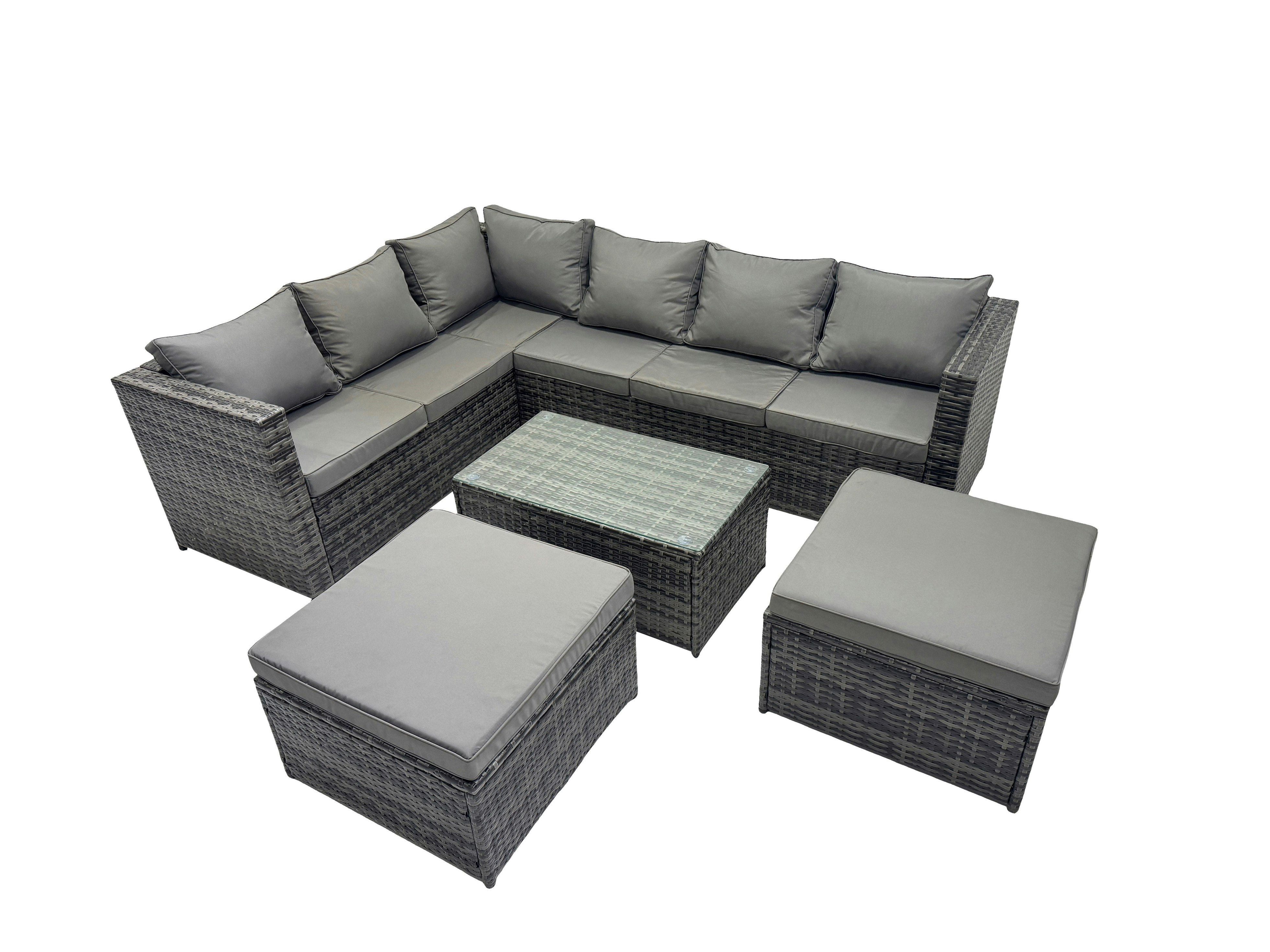 Fimous Dark/Grey Outdoor Rattan Rectangular Coffee Table Corner Sofa Setss Garden Furniture Set With 2 Big Stools Mixed