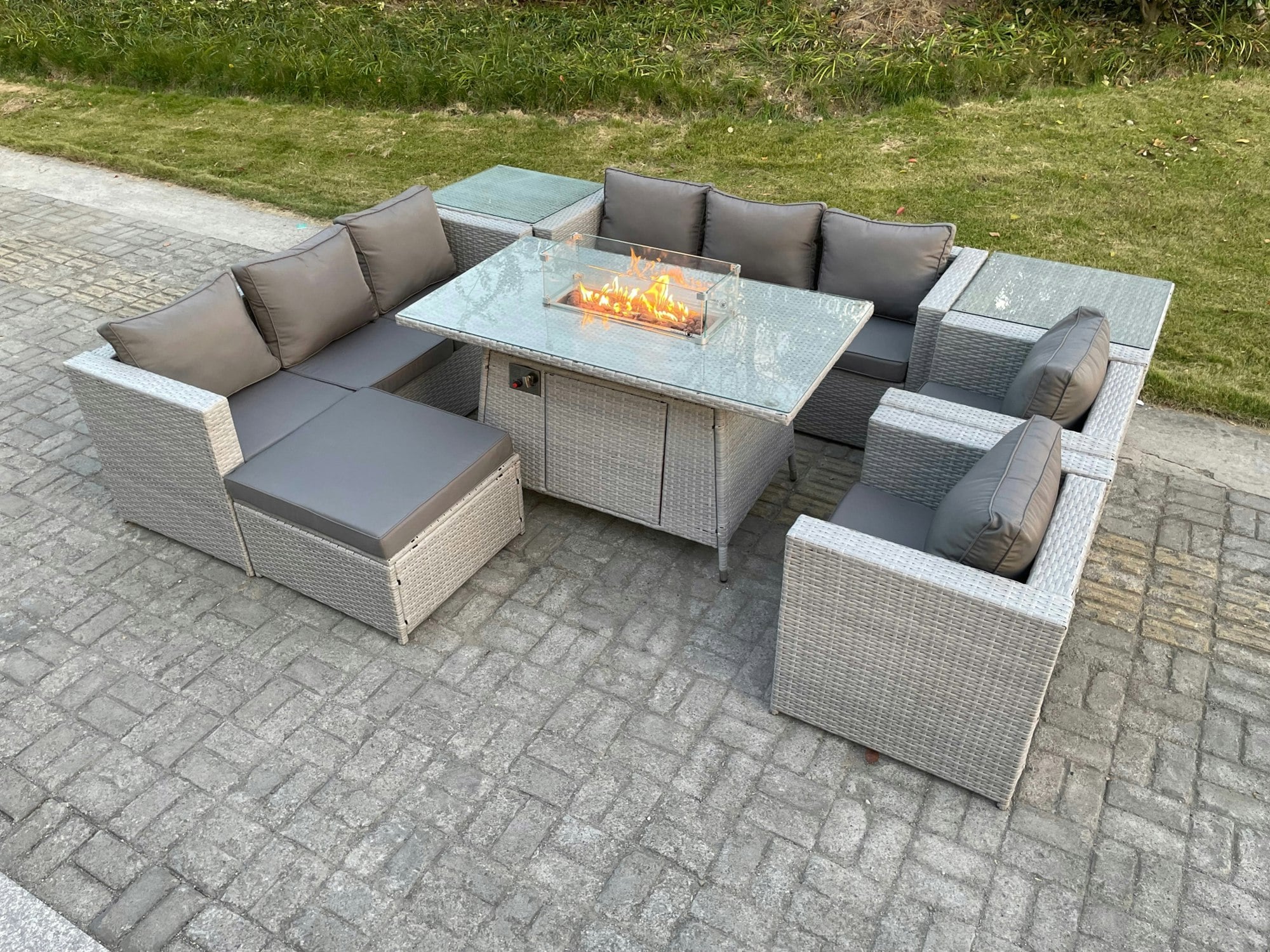 Rackhams Light/Grey Rattan Outdoor Garden Furniture Set With Gas Fire Pit Dining Table, 2 Sofas, 2 Side Tables, 2 Chairs, 1 Footstool - 9 Seater