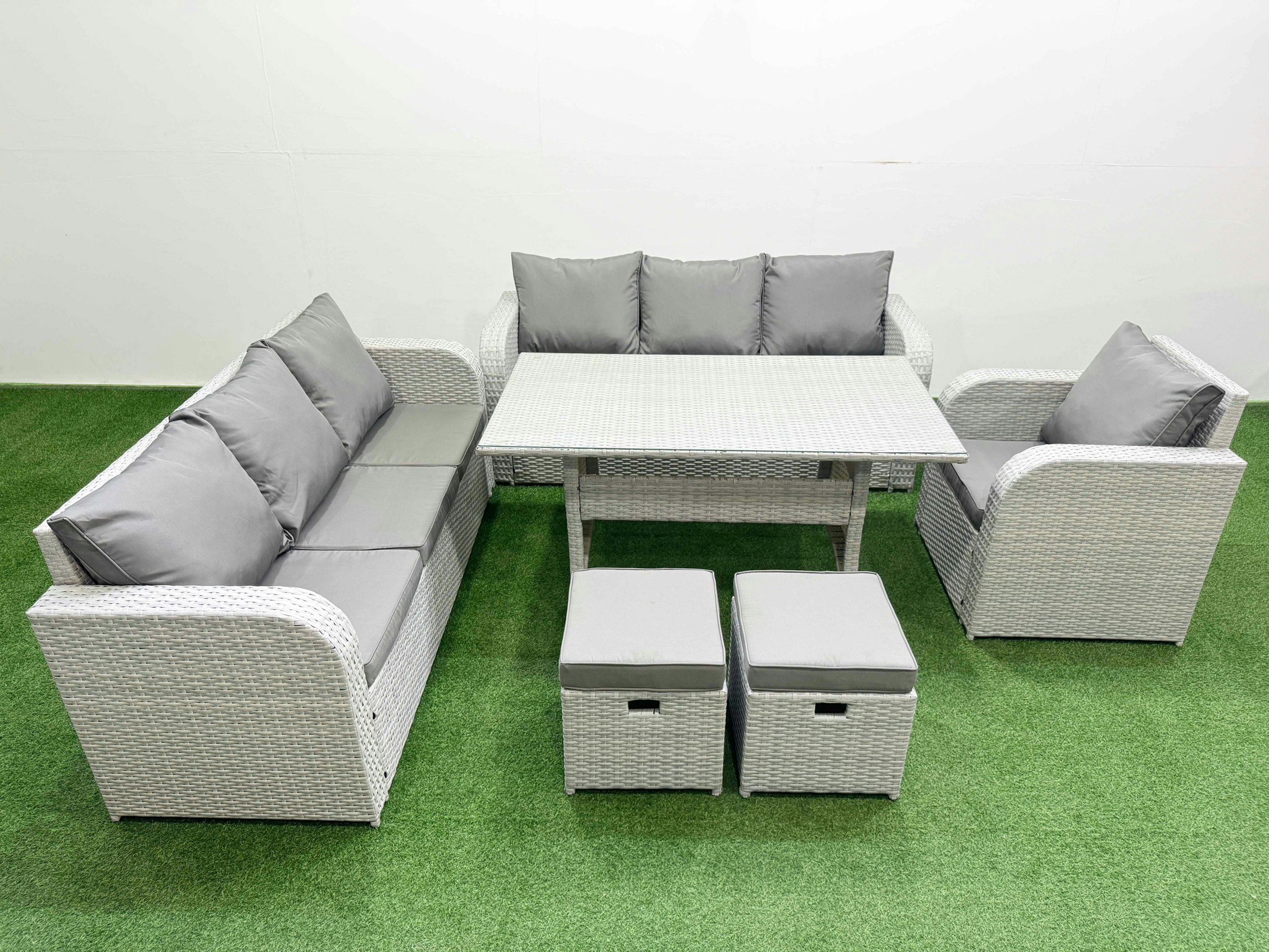 Rackhams Light/Grey Seater Poly Rattan Outdoor Dining Set - Rectangular Table, 3-Seater Sofa, Reclining Chair & Stools Size 9