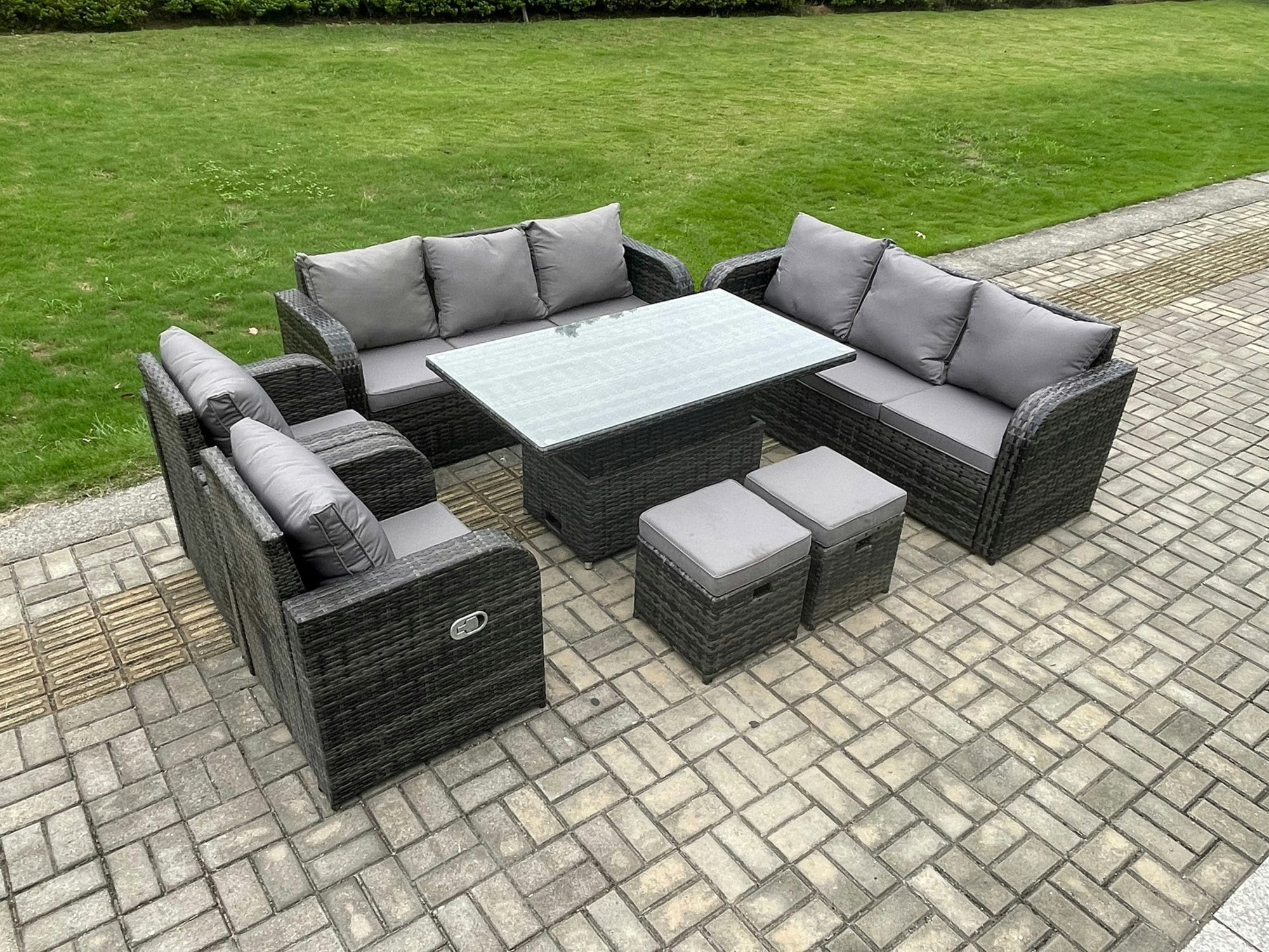 Fimous Dark/Grey Mixed Rattan Outdoor Dining Set - Height Adjustable Lifting Table, Reclining Chair & 2 Small Footstools