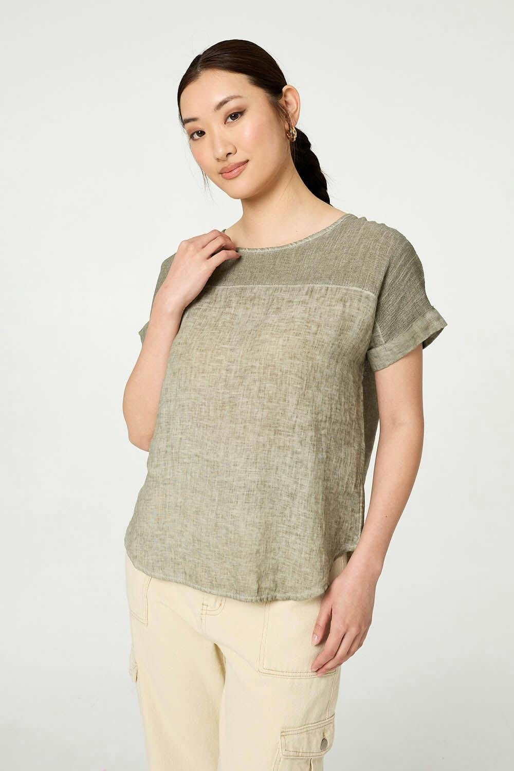 Izabel London Contrast Texture Relaxed Curve Hem Top - 8 - Khaki