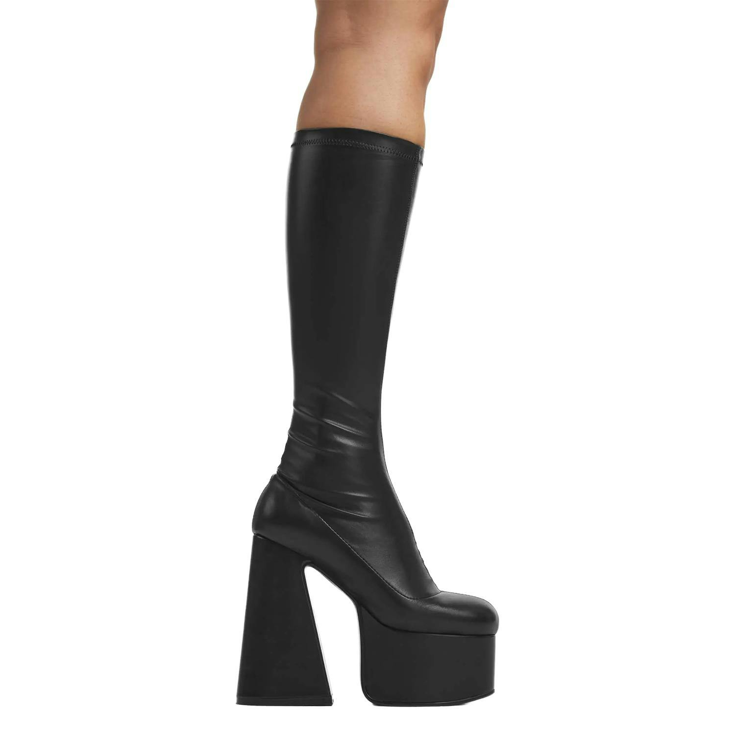 Lamoda Women's Black Hate Your Stretch Pu Platform Knee High Boots Stylish Trendy - Uk7