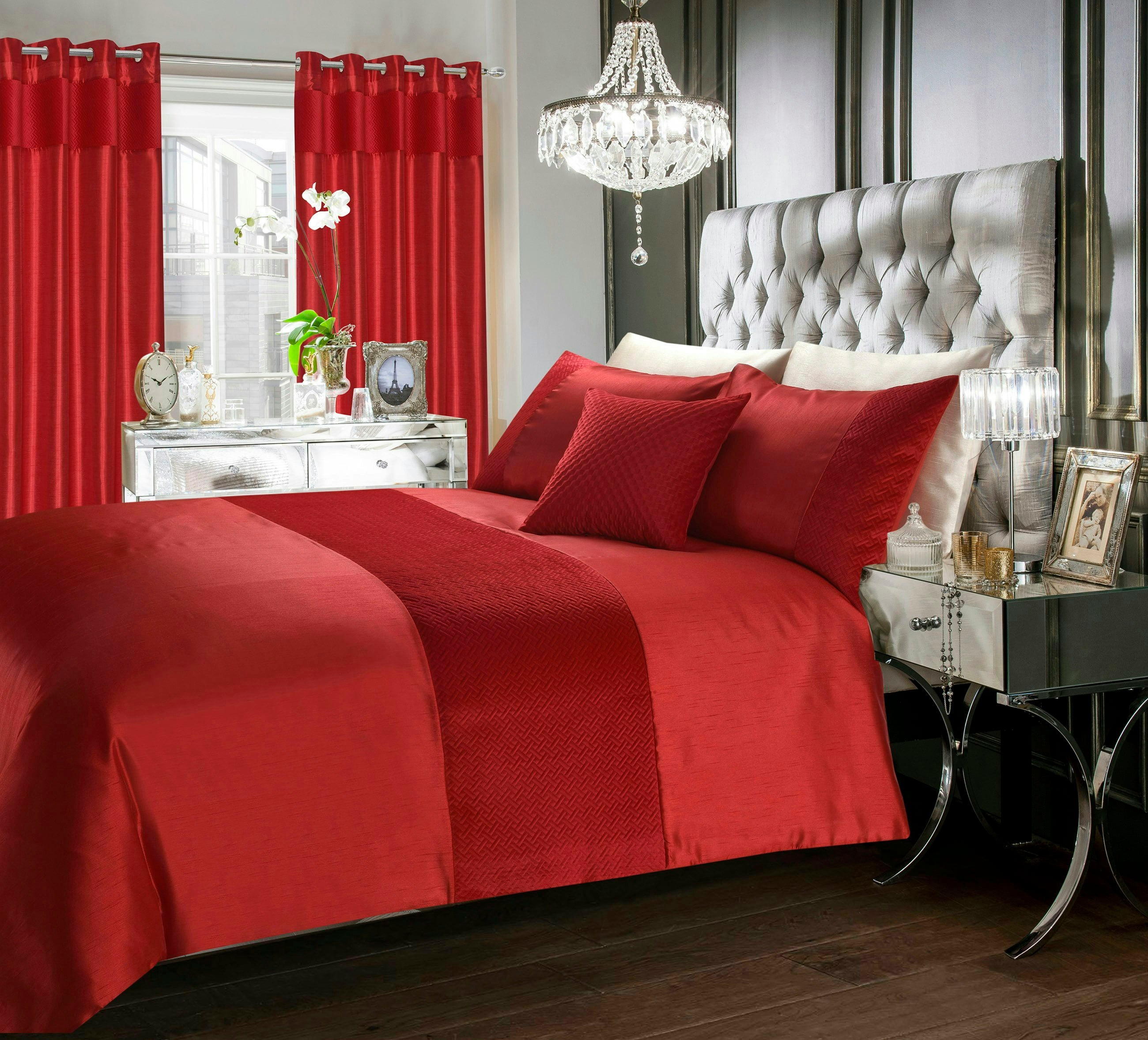 Rackhams Red Hartley Geometric Velvet Duvet Cover & Pillowcase Set - Super King