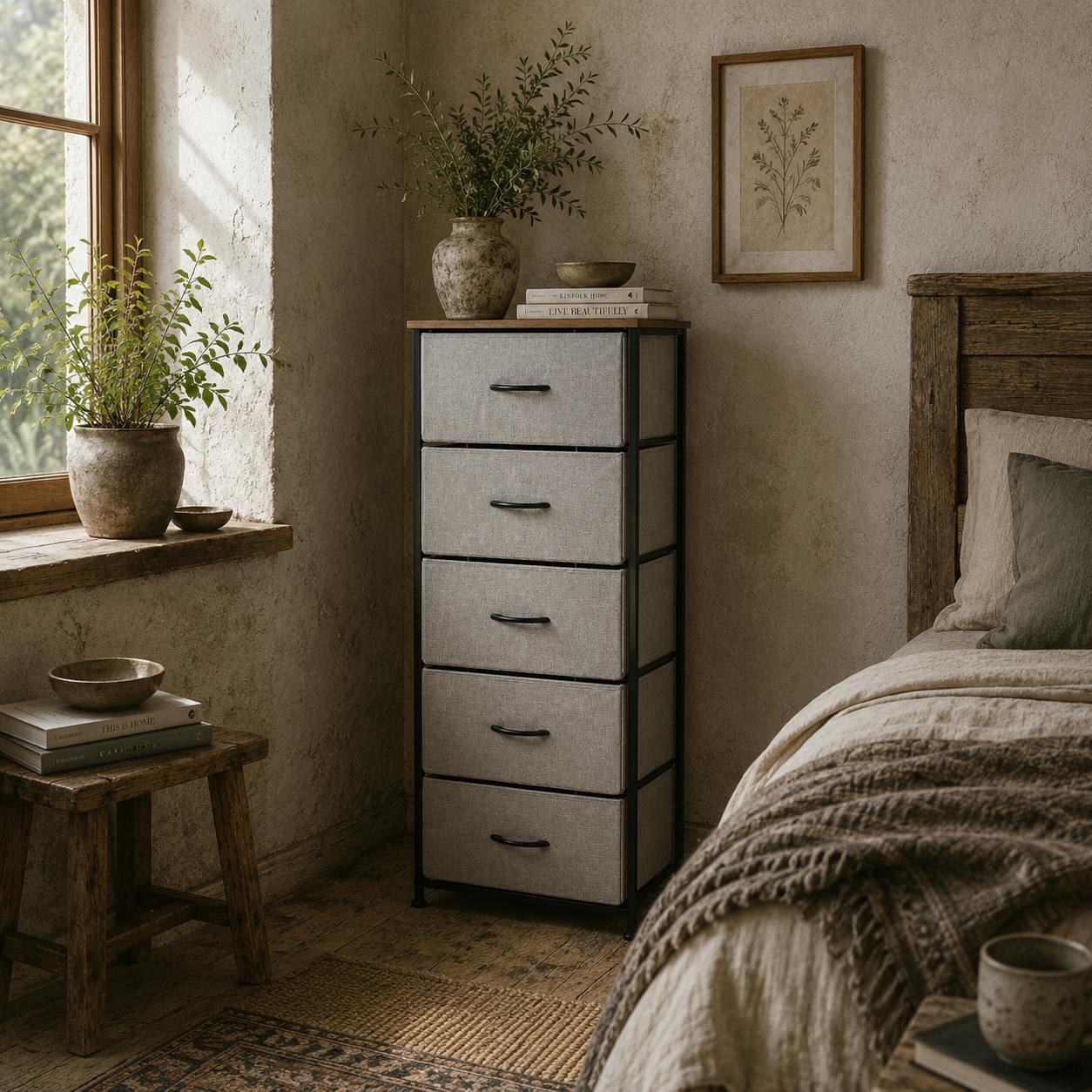 Wyld Haus Grey Famoggi Metal And Fabric 5 Drawer Industrial Storage Chest With Steel Frame