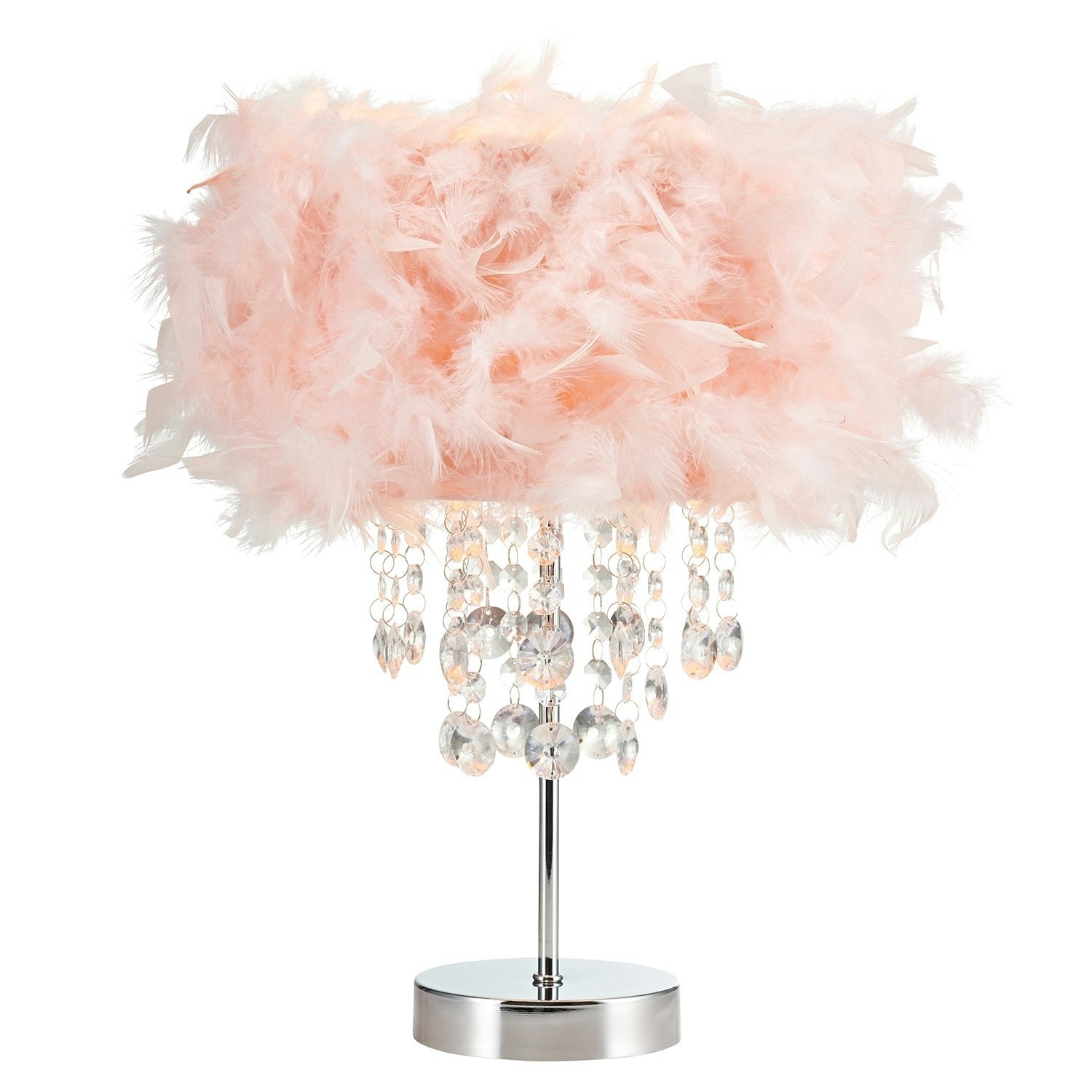Rackhams Pink Modern Chandelier Style Feather Table Lamp With Waterfall Acrylic Droplets