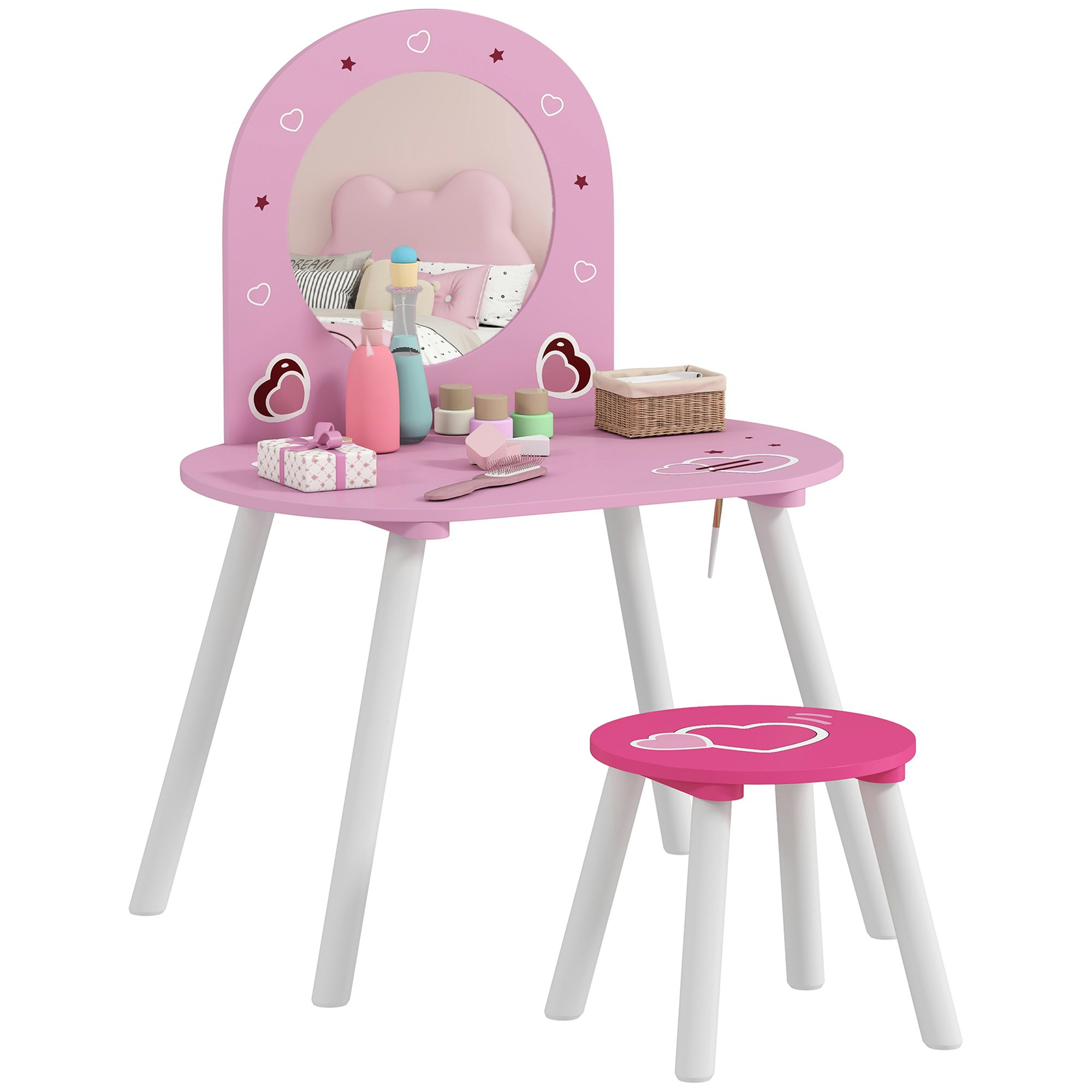 Rackhams Girls Pink Kids Dressing Table With Mirror And Stool, Vanity Set,