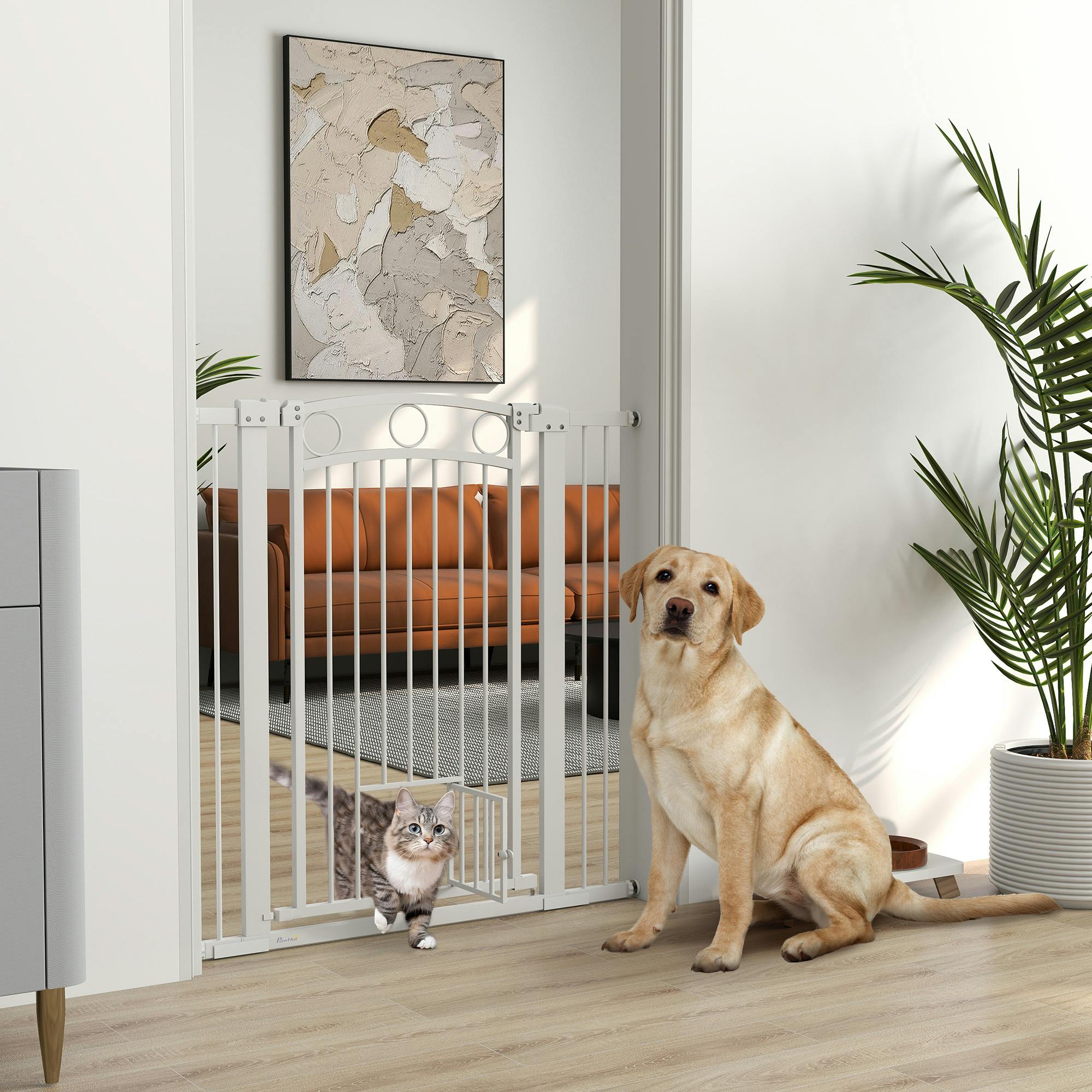 Pawhut White Stair Gate W/ Cat Door, Adjustable Width 76-104Cm & 104Cm Tall In | Size: Large - Image 4