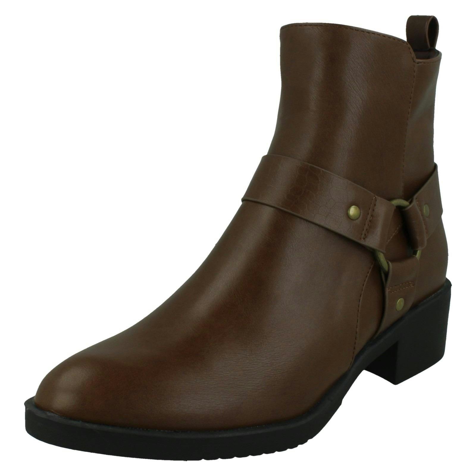 Spot On Women's Brown Low Ankle Boots With Ring Trim Strap F51240 - Uk 5