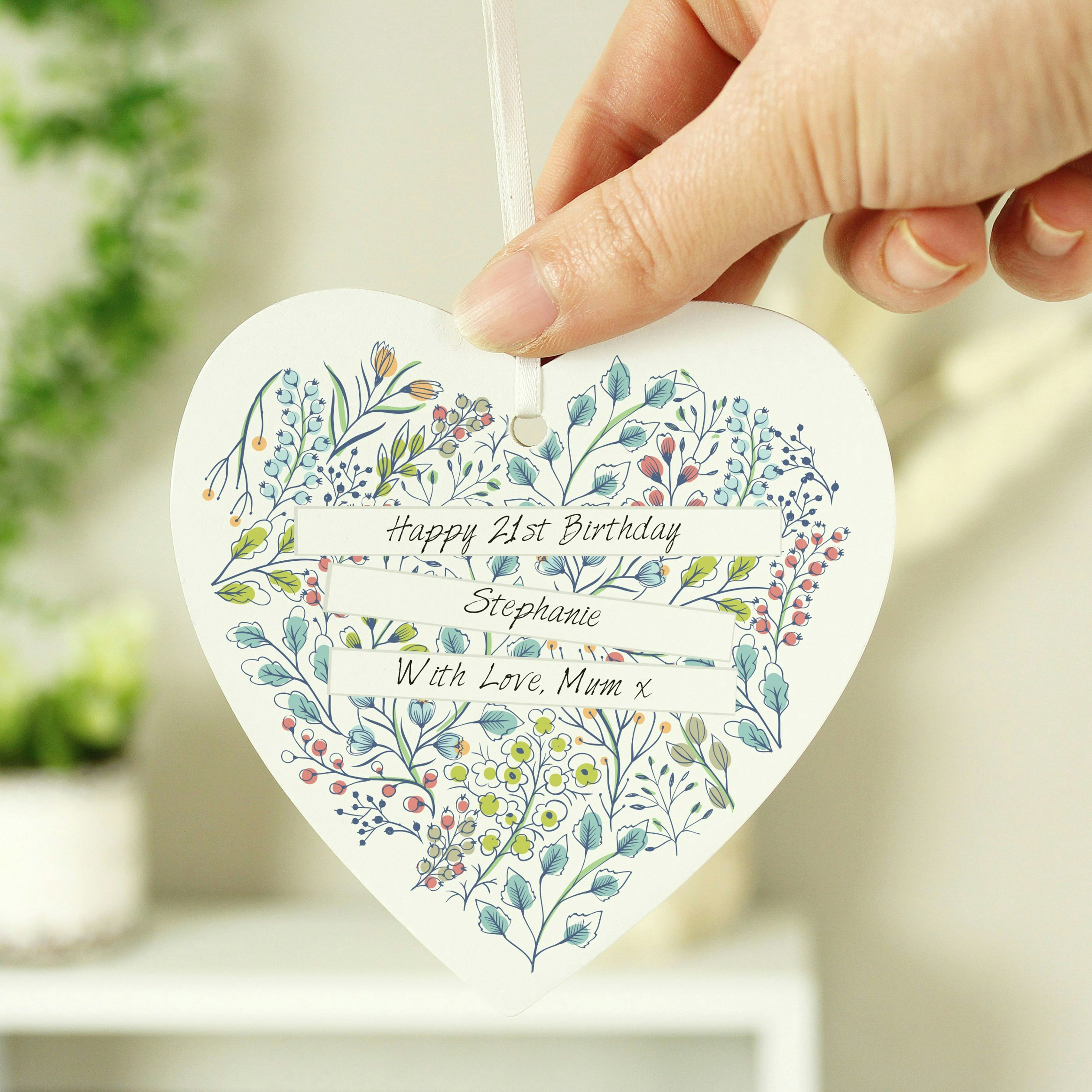 Rackhams Personalised Botanical Scroll Wooden Heart Decoration