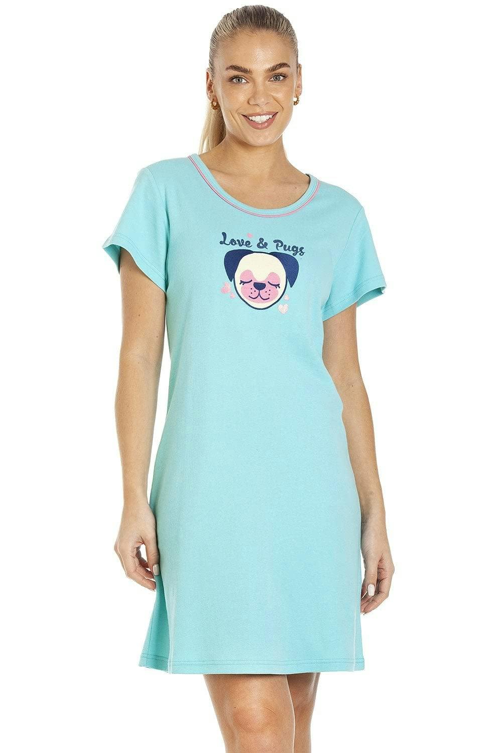 Camille Women's Light Short Sleeve Pug & Cat Nightdresses - Aqua - 12-14