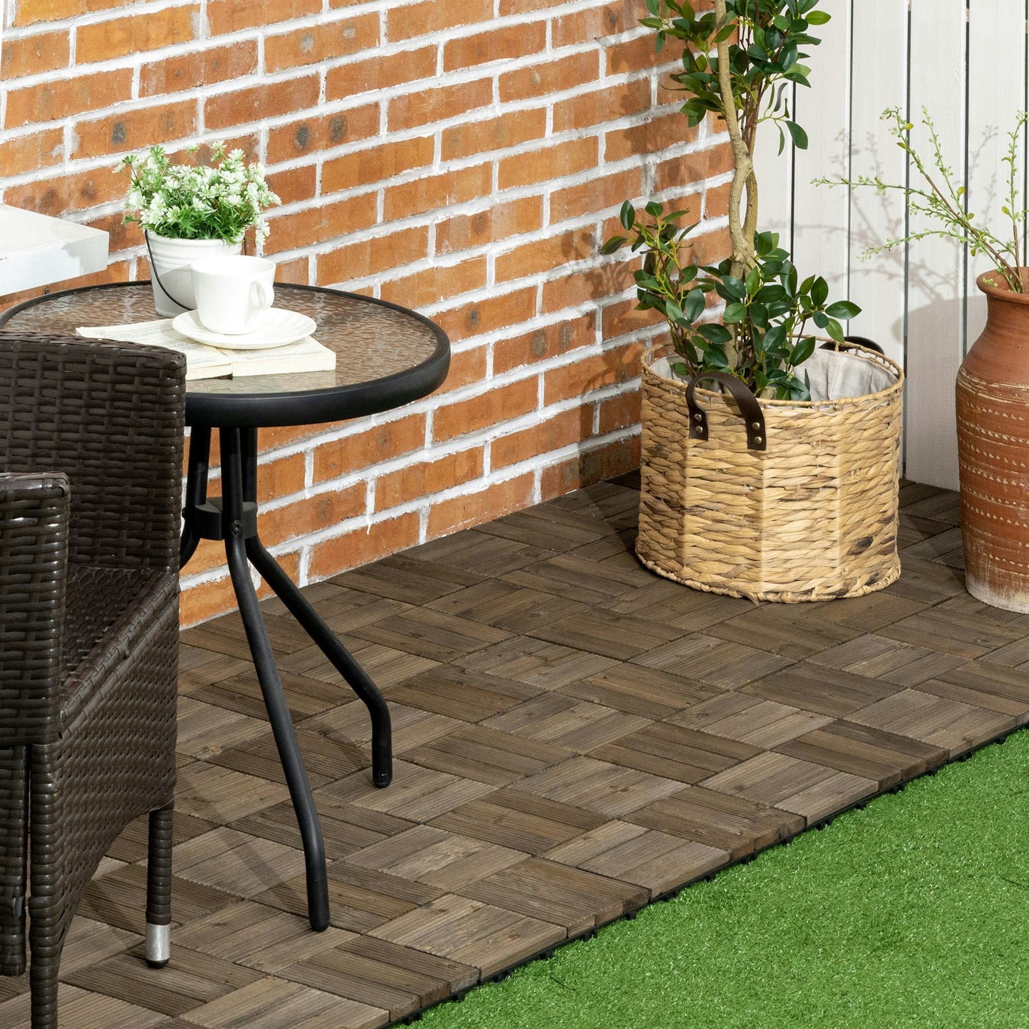 Outsunny Grey/Dark/Brown 27 Pcs Wooden Interlocking Decking Tiles, 30 X 30 Cm Per Piece, - Fir Wood, Pvc - 30L X 30W X 2.5H Cm