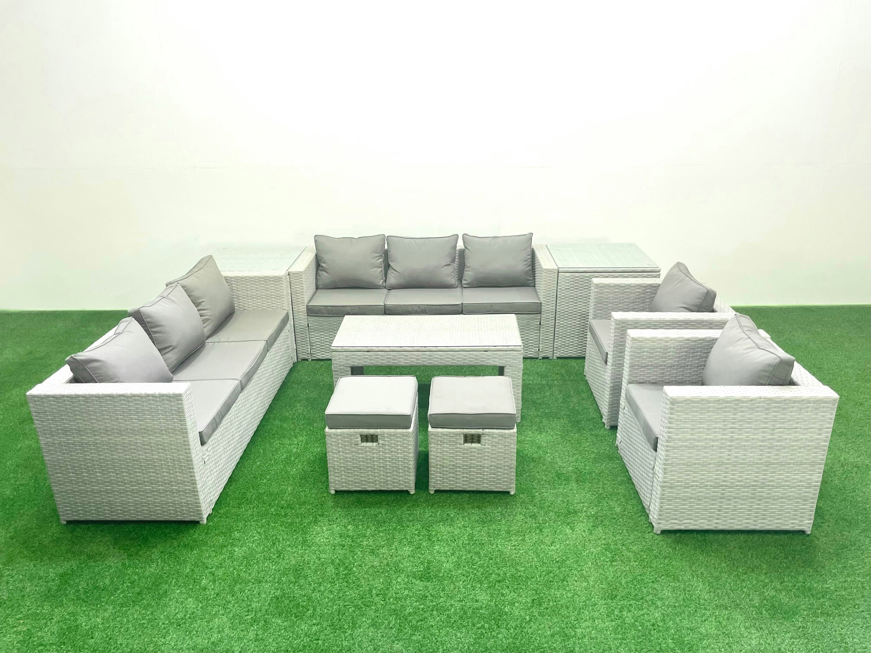 Fimous Light/Grey Outdoor Garden Furniture Rattan Sofa Set With 2 Armchairs Oblong Coffee Table 2 Small Footstools 2 Side Tables Mixed