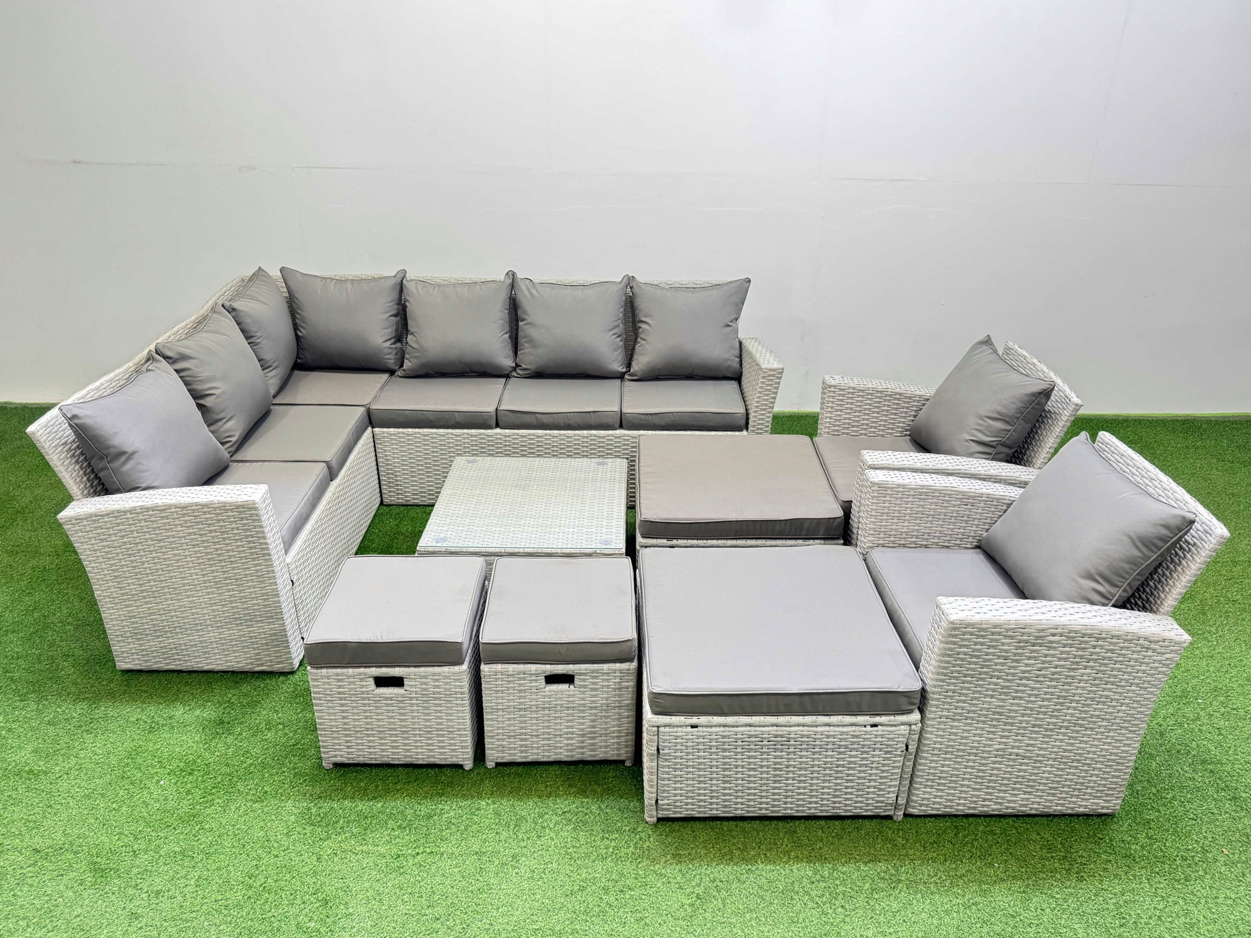 Fimous Light/Grey Outdoor Rattan Garden Furniture Set 12 Seater Corner Sofa Sets With Square Coffee Table Chair 4 Footstools Mixed