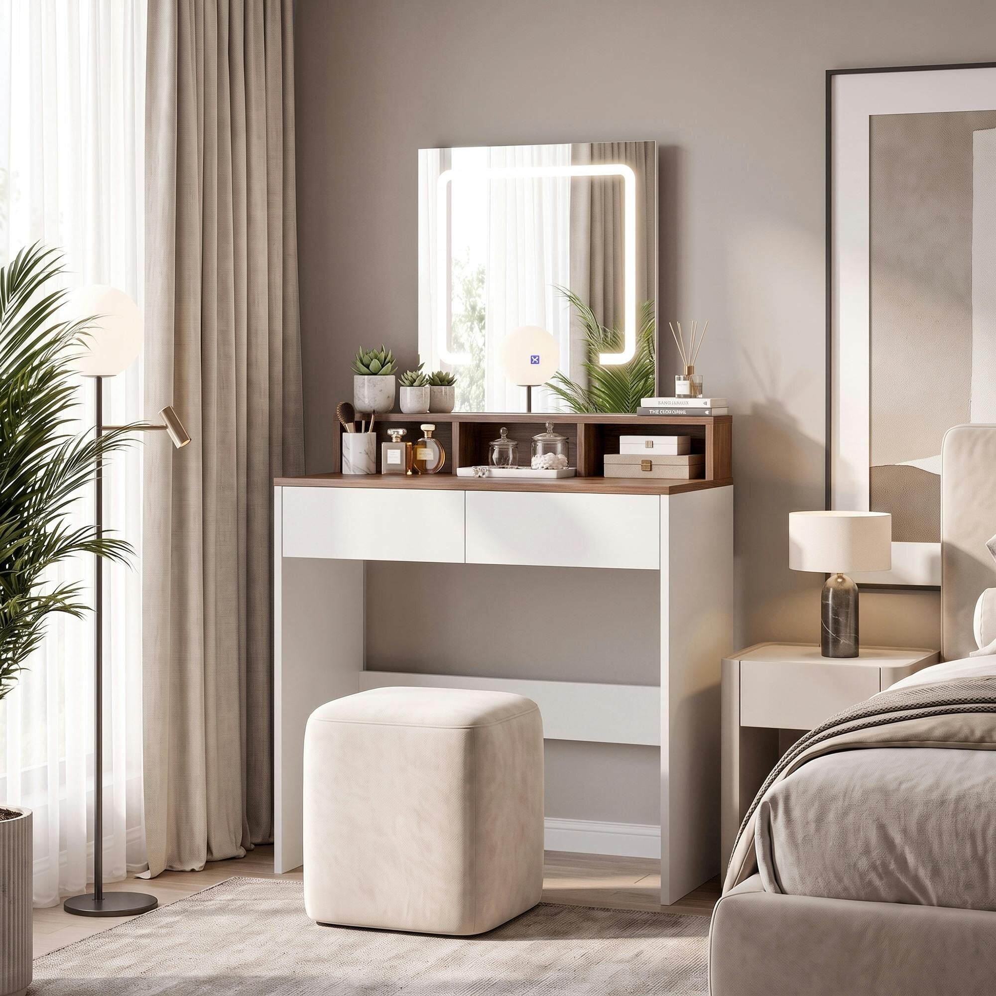 Homcom Brown/White Dressing Table With Mirror, Led Lights, Drawers, For Bedroom, Walnut - 75
