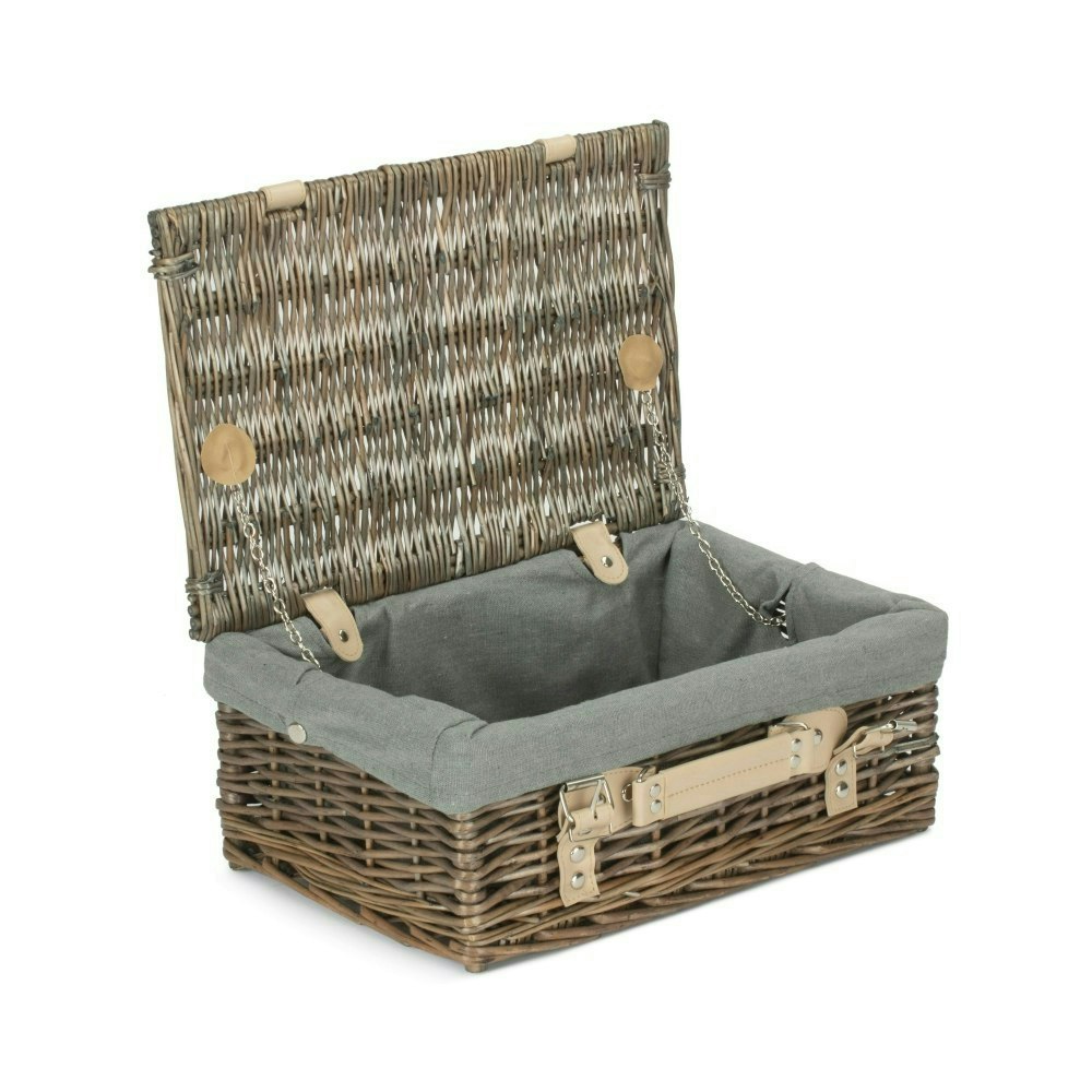 Rackhams Grey 36Cm Antique Wash Wicker Picnic Basket With Cotton Lining