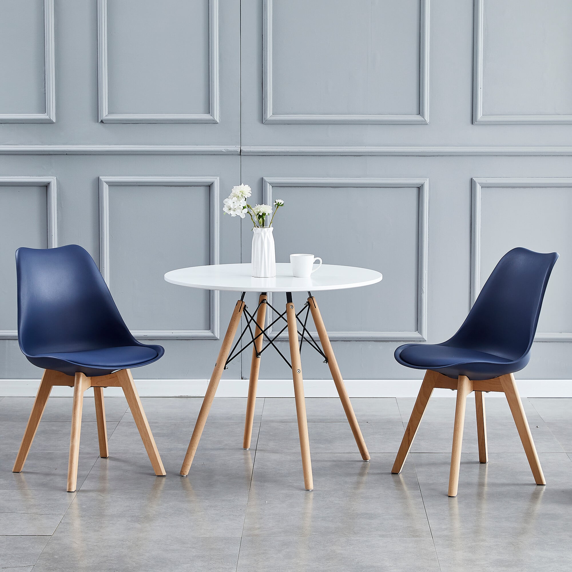 Rackhams Blue Set Of 2 Dining Chairs With Solid Wooden Legs And Seat Cushion Pad Eva