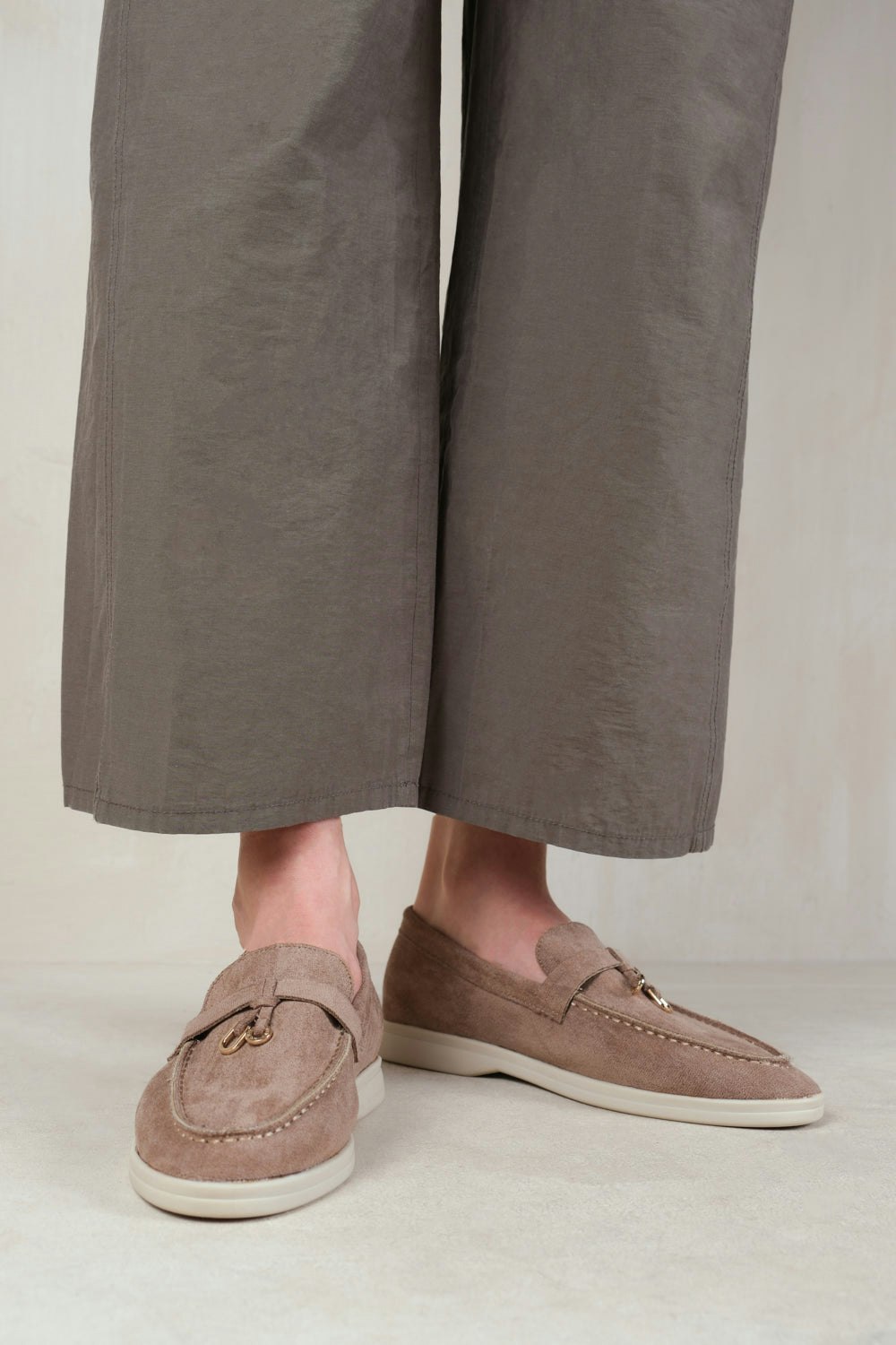 Where's That From Women's Pegasus Slip On Trim Loafers With Accessory Detailing In Khaki Suede - Khaki - Size 8