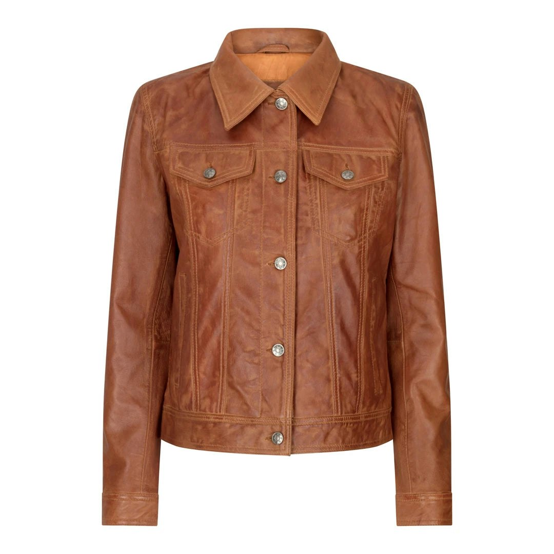 Infinity Leather Women's Light Leather Company Vintage Retro Jeans Jacket Style Real Leather Short Biker Grease 1980S Classic - Tan - 5XL