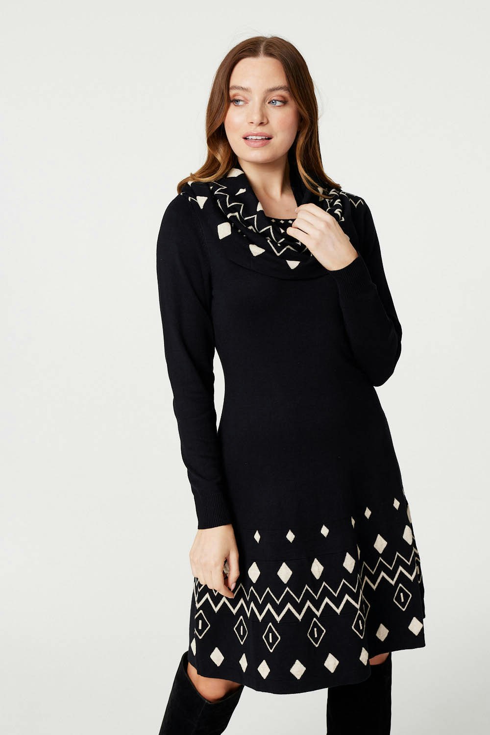 Izabel London Black Printed Knit Skater Dress In - 14