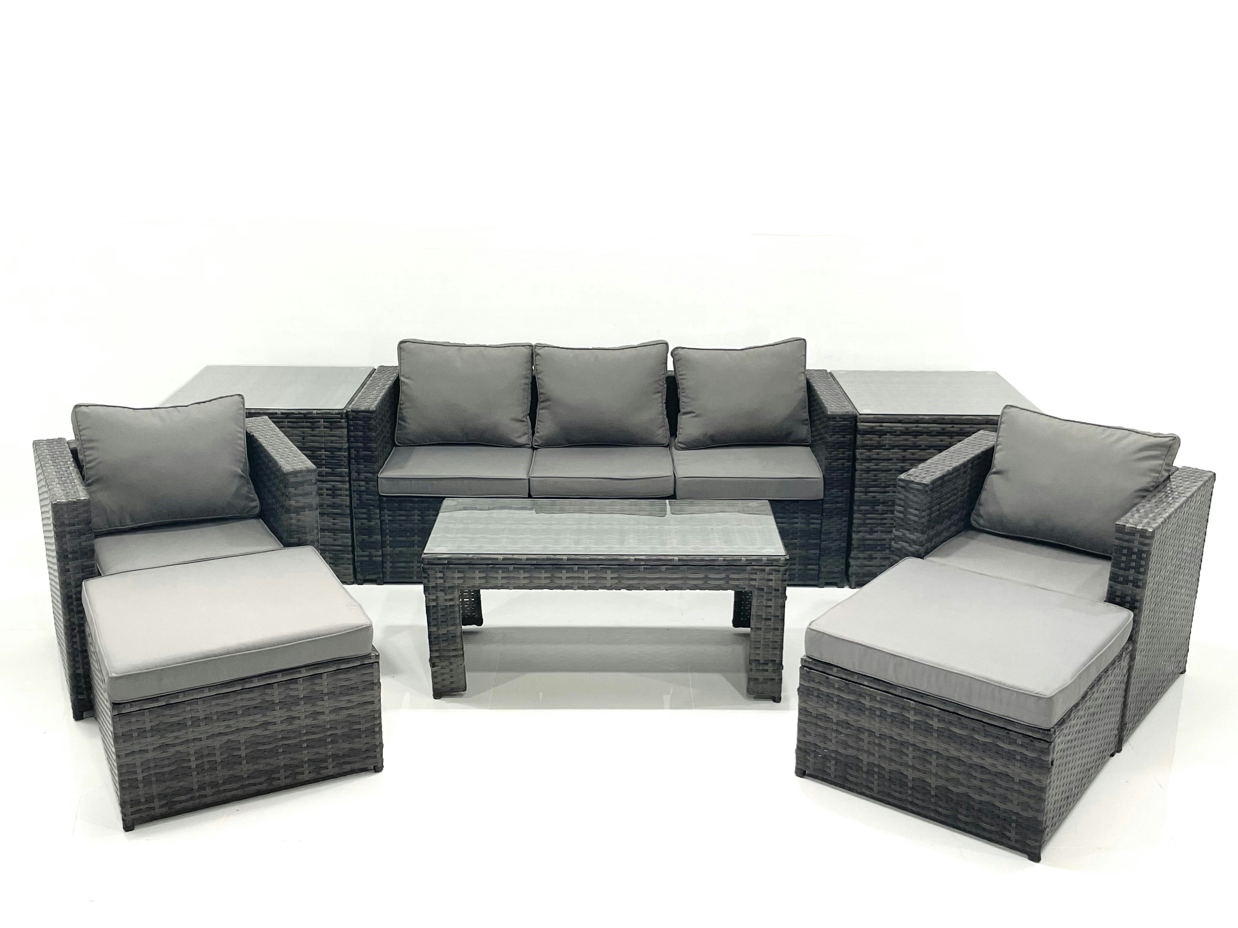 Rackhams Dark/Grey 7 Seater Rattan Garden Furniture Set Outdoor Lounger Sofa With Coffee Table 2 Armchair 2 Big Footstools 2 Side Tables Mixed