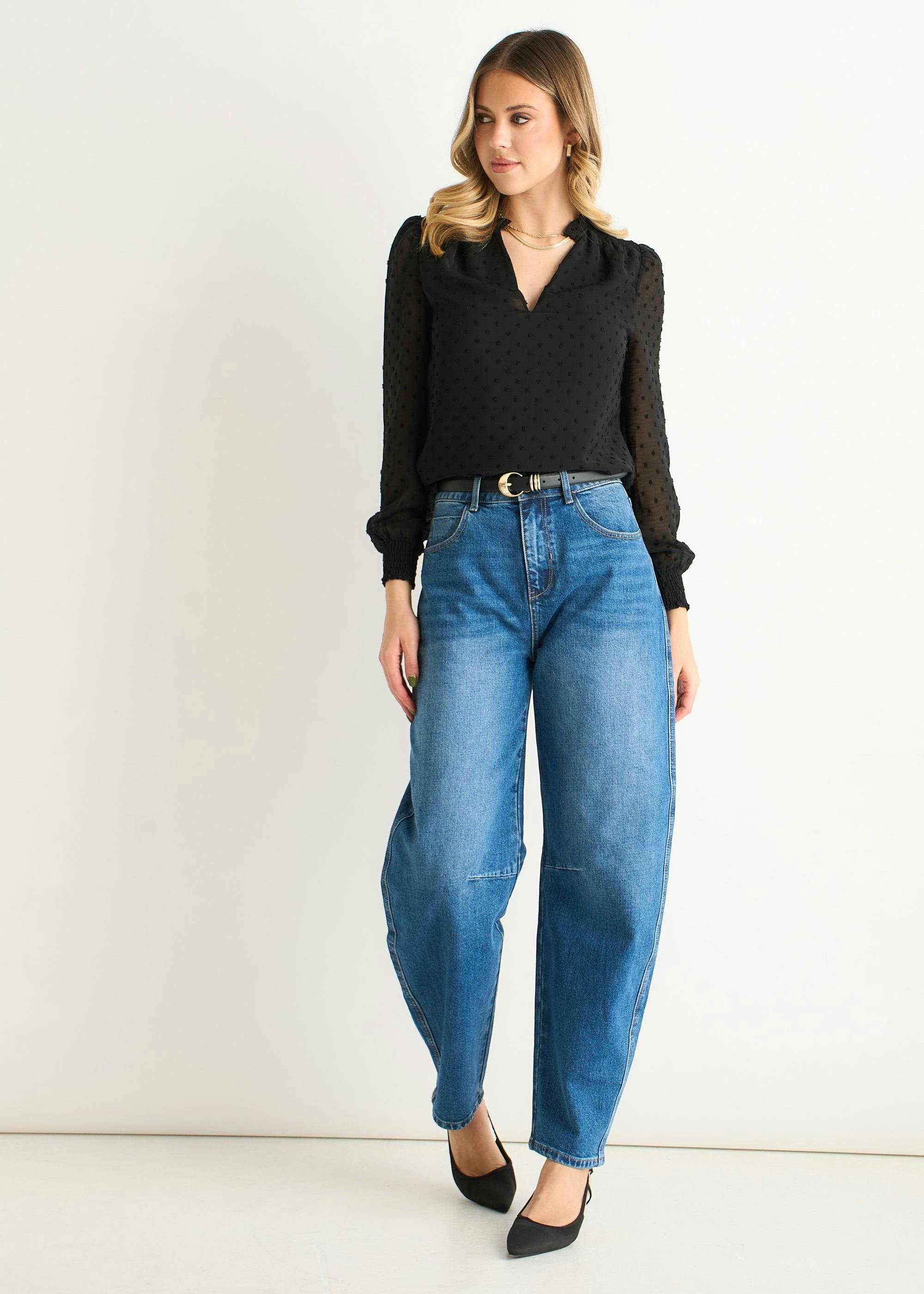 Gini London Black Dobby Chiffon Frill Neck Blouse - Uk 8 / Us 4 / Eu 36