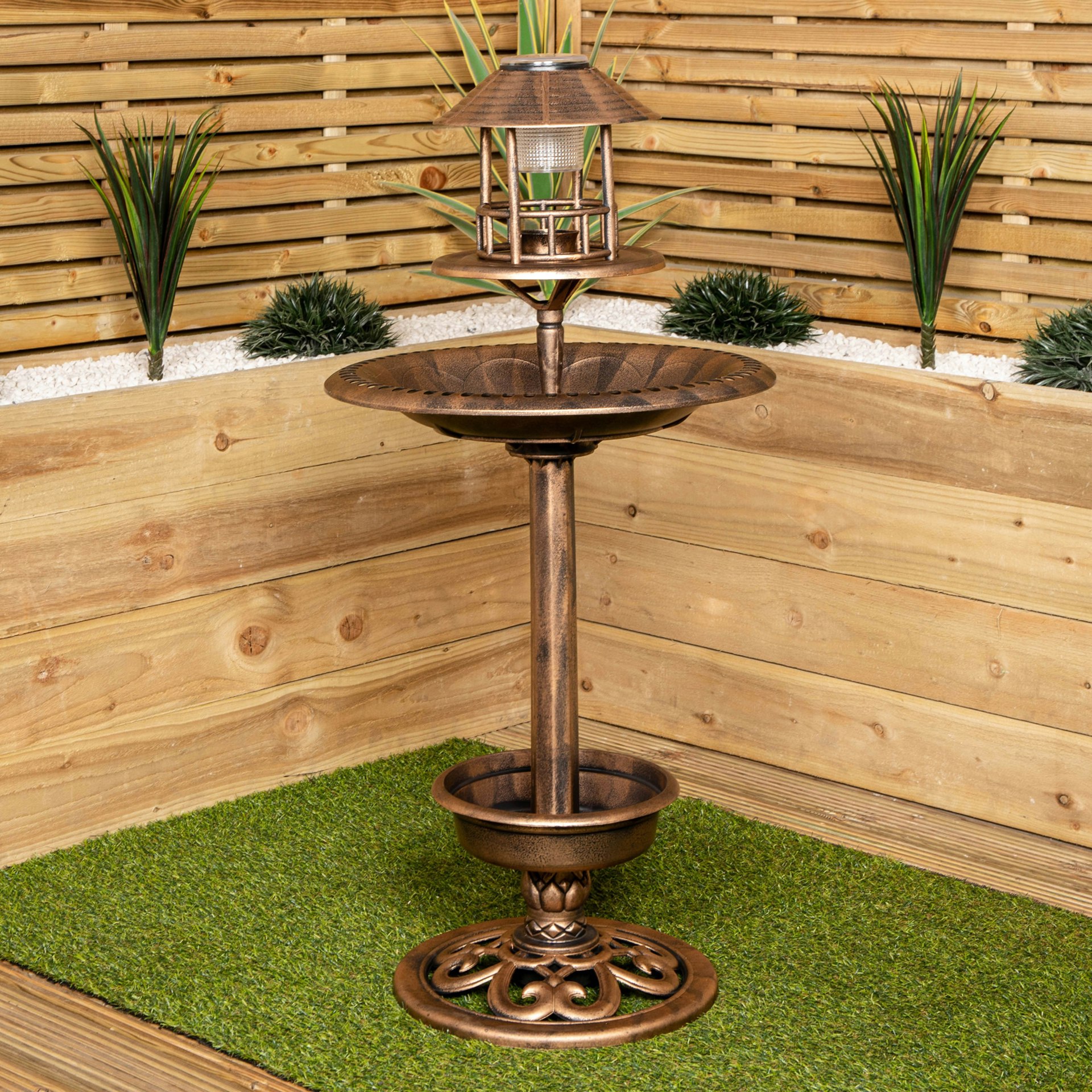 Rackhams Bronze/Light 1.1M Effect Resin Garden Bird Bath & Table With Solar
