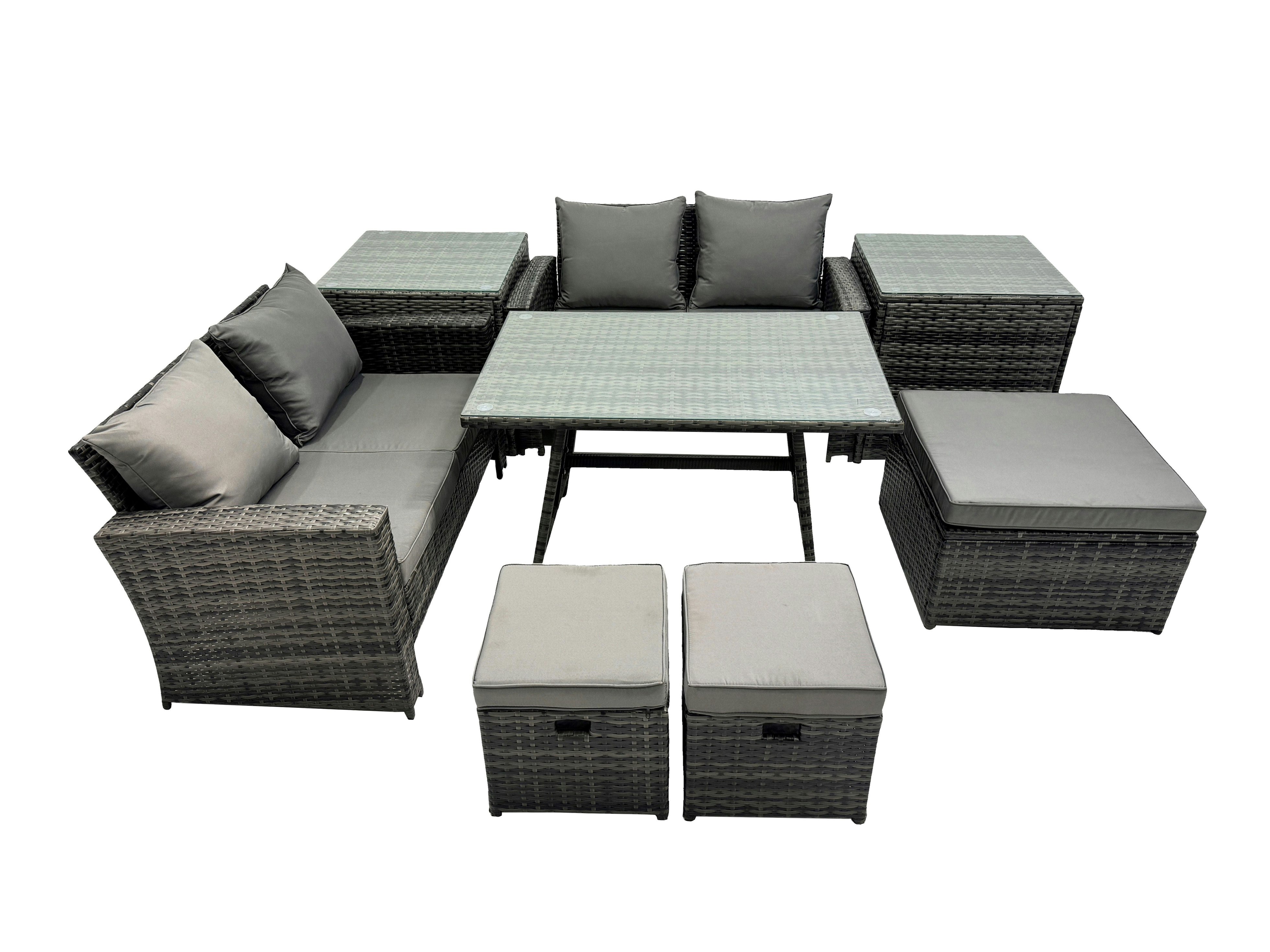 Fimous Dark/Grey 7 Seater Wicker Pe Rattan Furniture Outdoor Dining Table Double Seat Sofa 3 Stools 2 Side Table Set Mixed