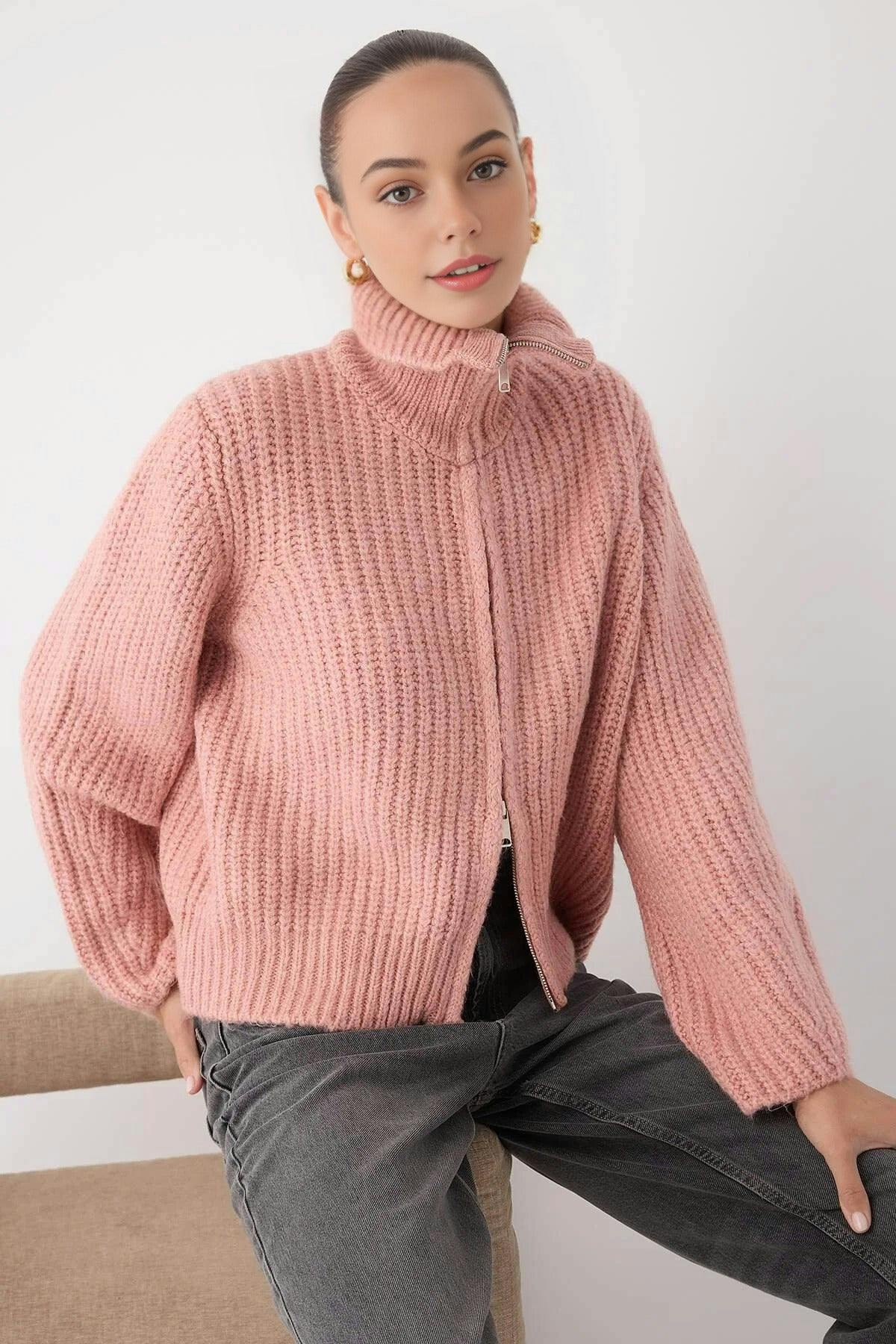 Wovcor Pink Soft-Textured Oversize Knit Cardigan With Zipper Detail - M
