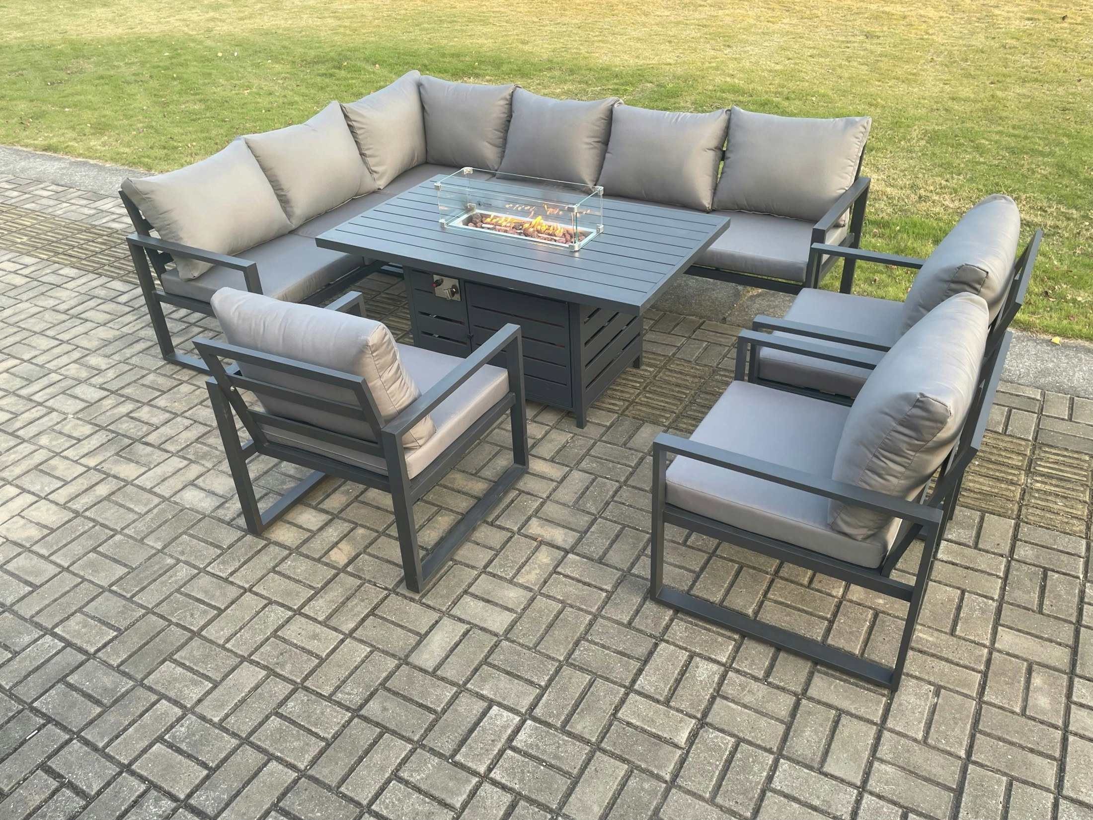 Rackhams Dark/Grey Aluminium Outdoor Garden Furniture Corner Sofa Gas Fire Pit Dining Table Sets Gas Heater Burner With Chairs 9 Seater Size 3