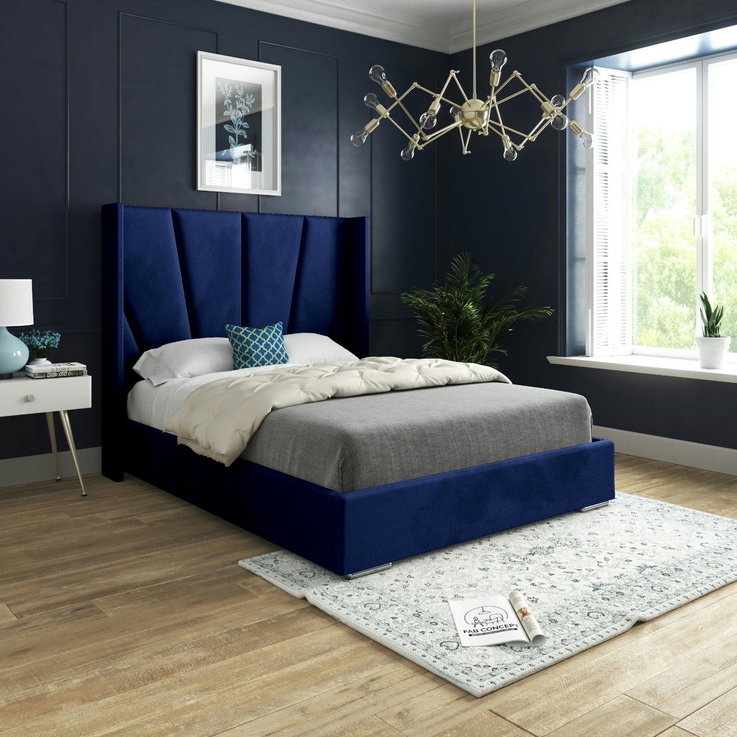 Casa Magna Blue Bellini Wide Curved Winged Upholstered Soft Velvet Bed Frame - Double