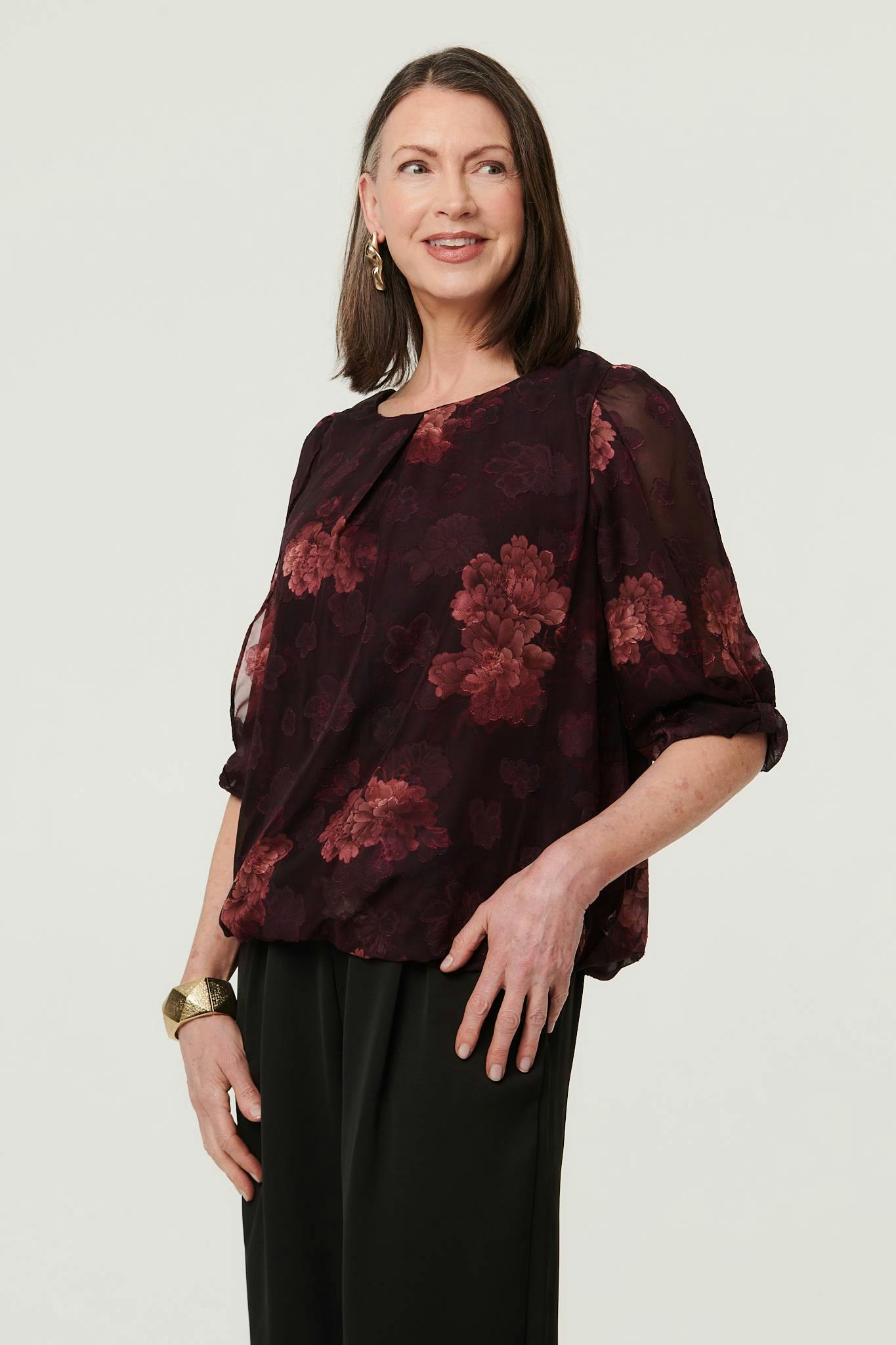 Izabel London Burgundy Floral Mesh Layered 1/2 Sleeve Blouse - 14