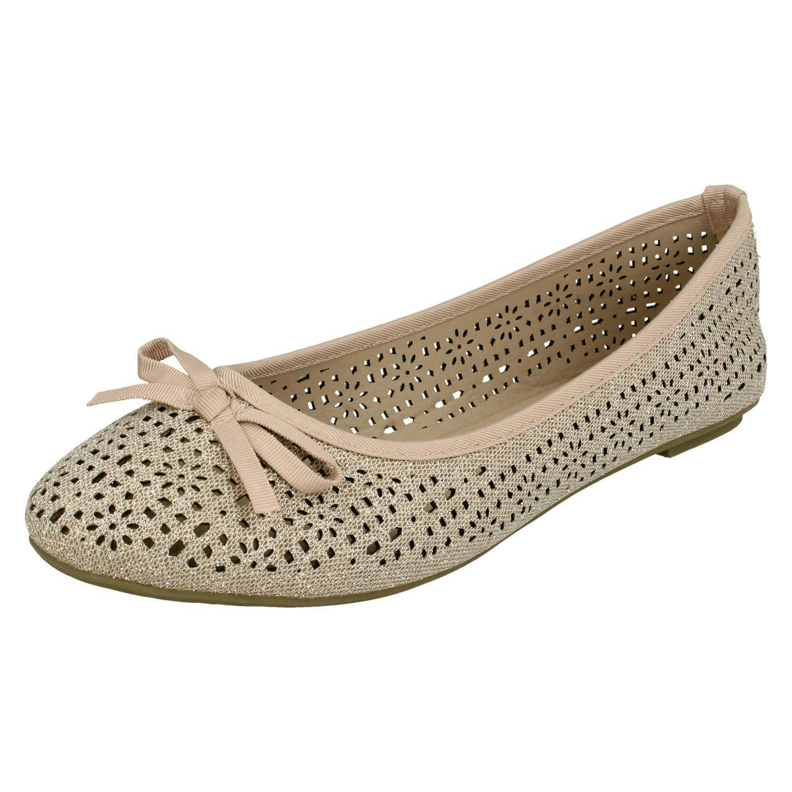 Spot On Women's Gold Punched Design Ballerinas F80376 - Nude - Uk 7